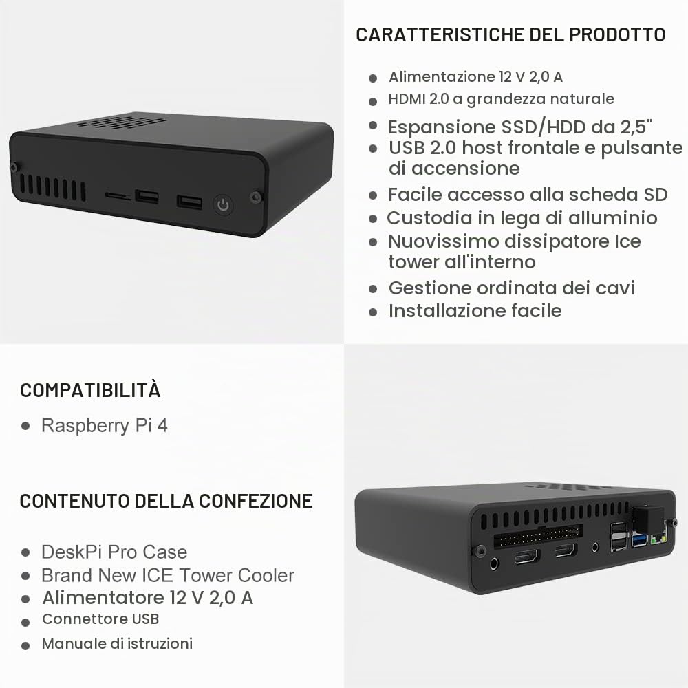 GeeekPi DeskPi Pro V2 Set-Top Box per Raspberry Pi 4 - Supporto SSD, Full Size HDMI, Safe Power/Reset, Ice Tower Cooler, Alimentazione Elettrica