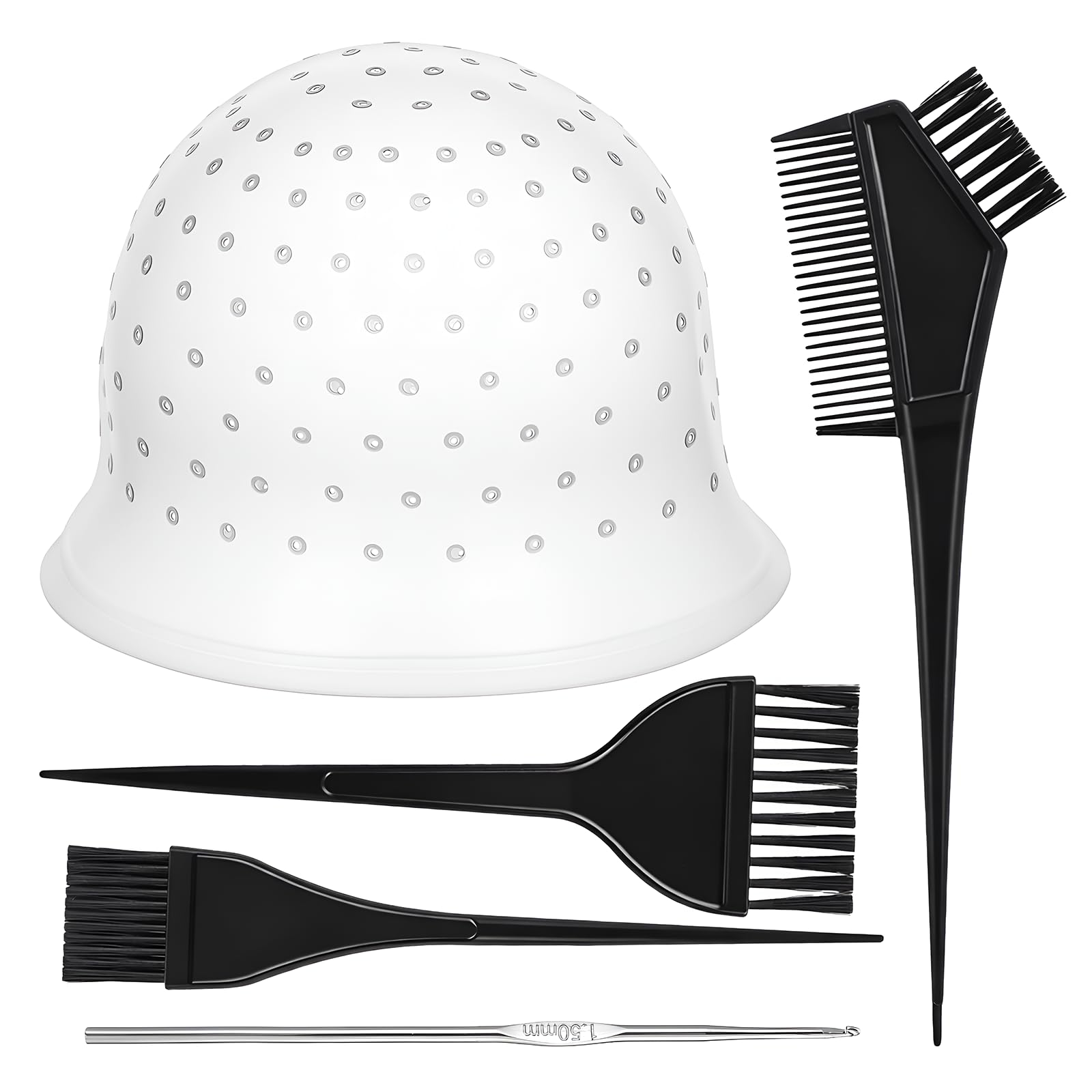 5PCS Highlighting Cap for Hair, Professional Silicone Hair Coloring Tools with Brushes Reusable Hairdressing Bleach Cap with Holes for Home Salon, Dye Accessories for Women Men
