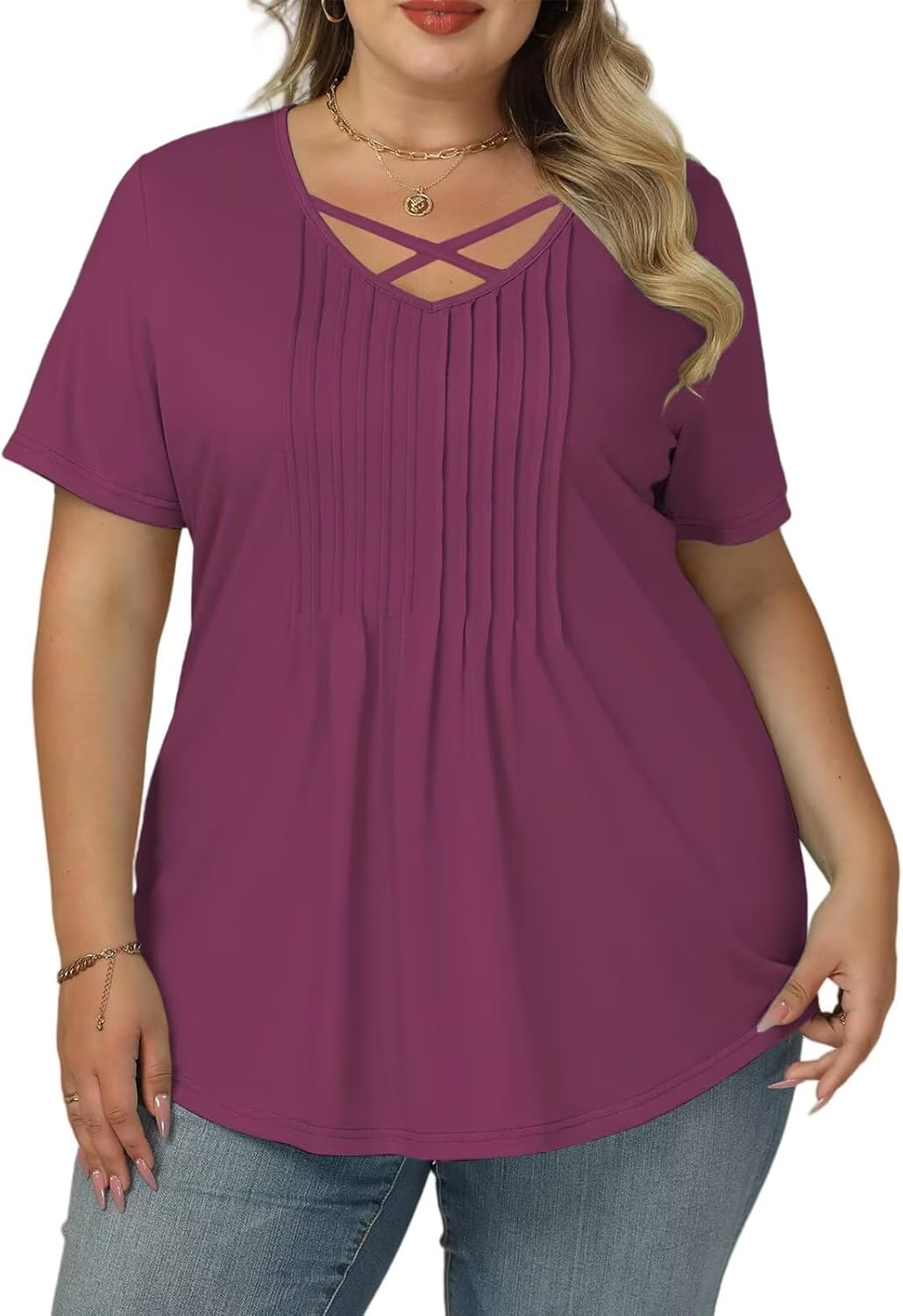 VISLILY Womens-Plus-Size-Summer-Tops Trendy Criss Cross V Neck T Shirts Casual Short Sleeve Blouses Cute Pleated Tunics Tees - Image 2