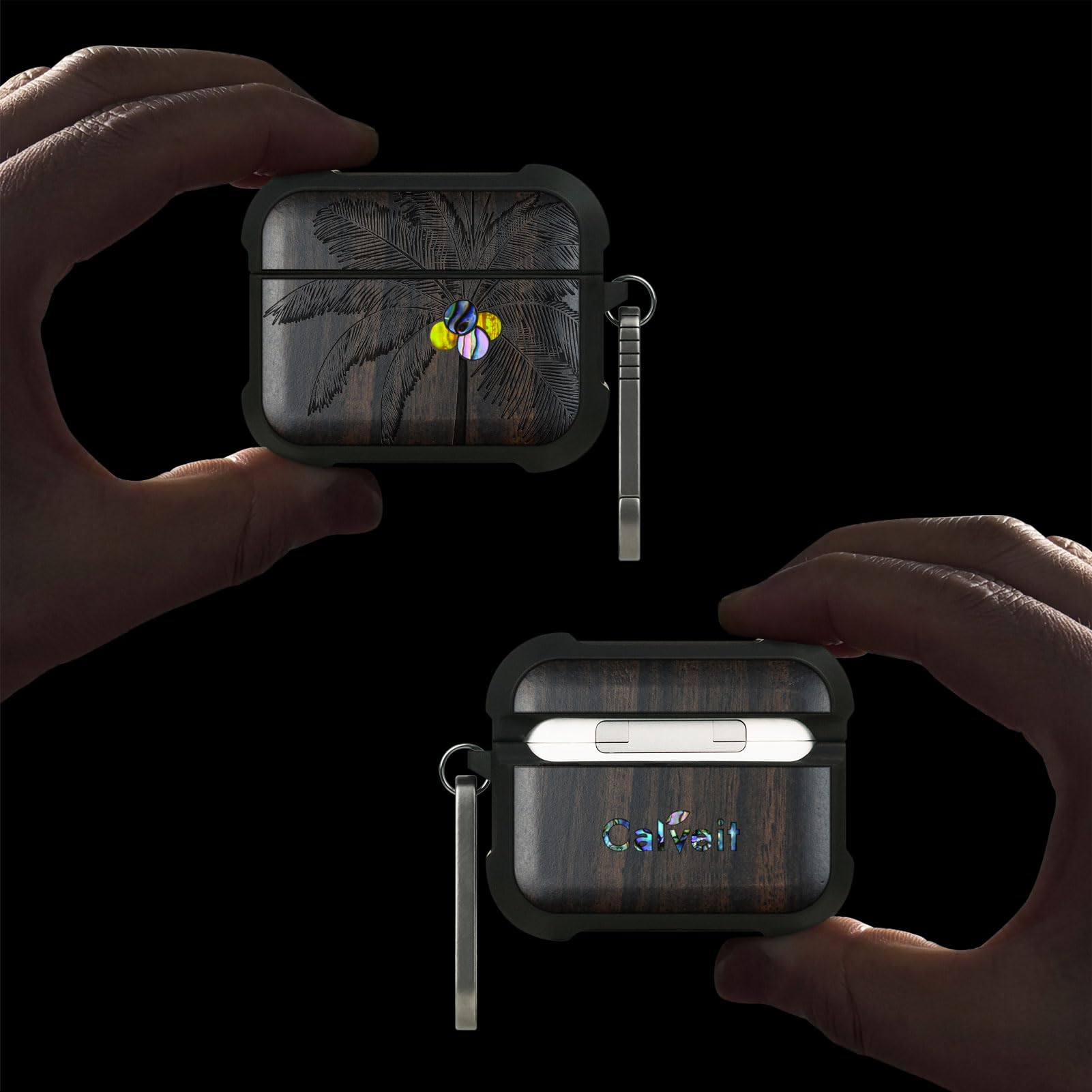 Carveit Etui kompatybilne z AirPods Pro 3 (2025), etui ochronne [grawerunek z drewna i muszla] [tytanowe szybkie zapięcie] do Airpods Pro 3 Skin 2025 etui (ciemne drewno-palma)