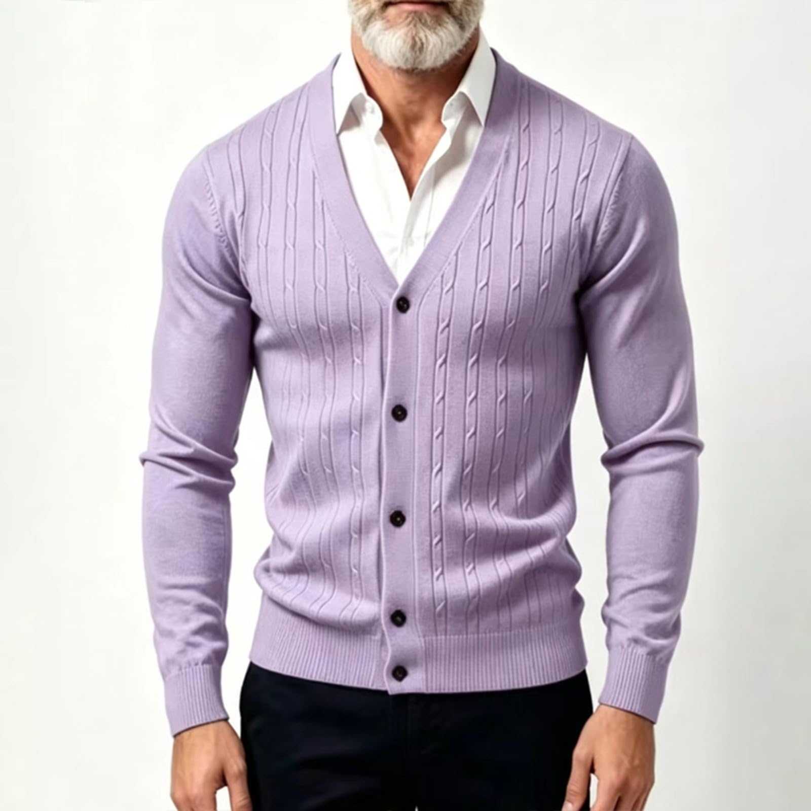 Abrigo de punto con cierre de botones en el pecho y textura clásica de tejido Piedad. Chaqueta de punto moderna para uso diario.