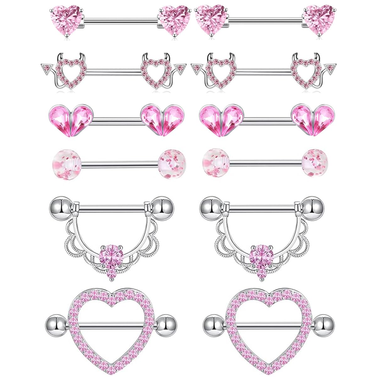 TIANCI FBYJS6 Pairs Nipple Rings Stainless Steel Heart Butterfly Moon Flower CZ Stud Barbell Tongue Rings Set Cute Nipplerings Piercing Jewelry for Women Pink Tone