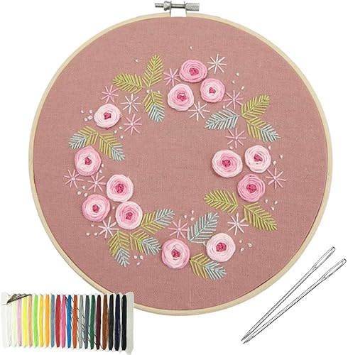 Kit de iniciación de bordado con patrón, gama completa de kits de bordado con 1 paño de bordado con patrón, 1 aro de bordado de bambú, kit de