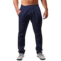 Runcati, Pantaloni da Uomo in Lino, in Tinta Unita, Leggeri, con Taglio Largo, Coulisse, per Vacanze, Spiaggia, Uso Quotidiano, Blu Scuro, S