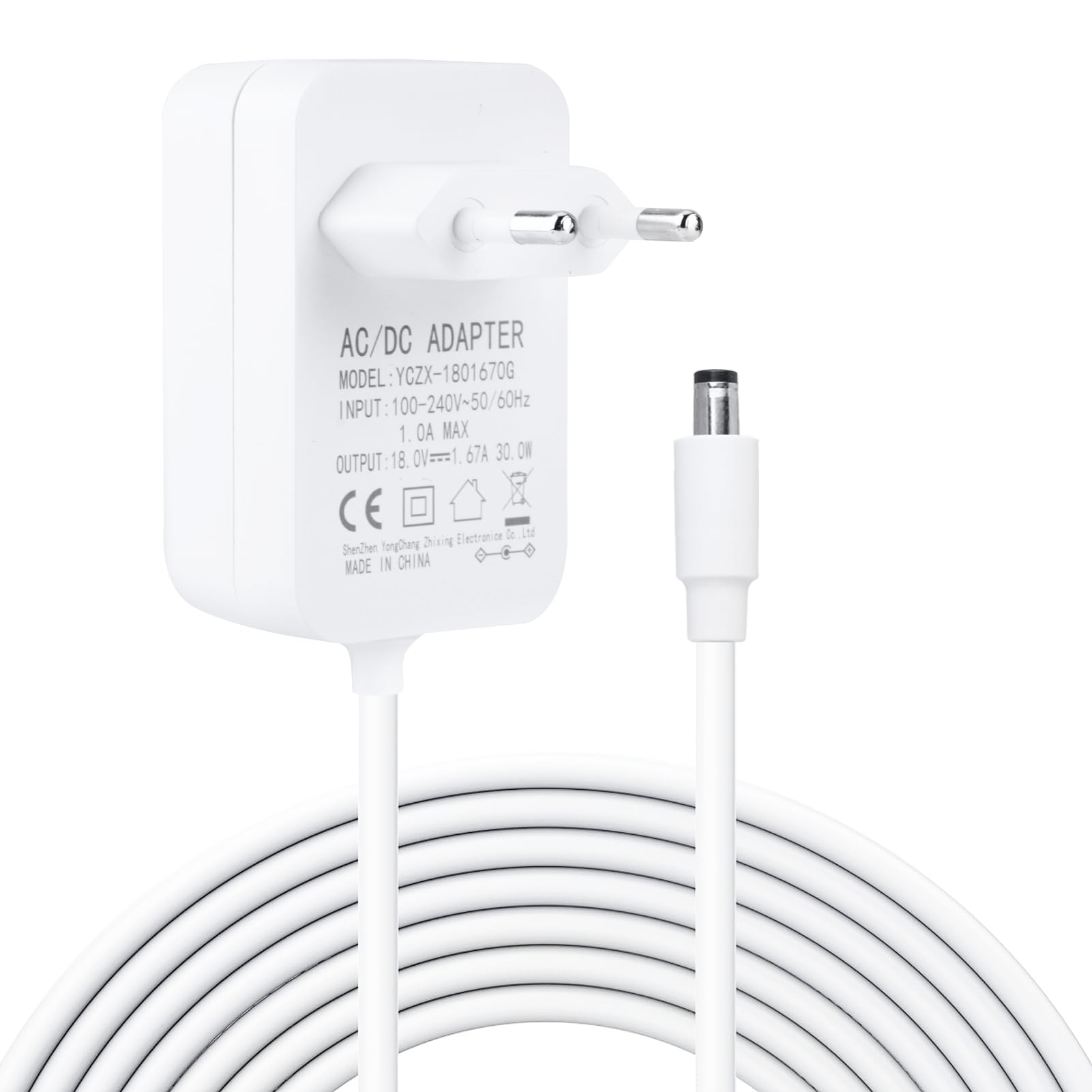 Cavo Alimentatore 30W per Alexa Echo 3ª/4ª Gen, Echo Show 8/10/15, Echo Show 2ª Gen, Echo Plus 2ª Gen, Adattatore 18V 1.67A AC a DC con Cavo da 1.2 Metri, Compatibile Solo con Dispositivi 18V, Bianco