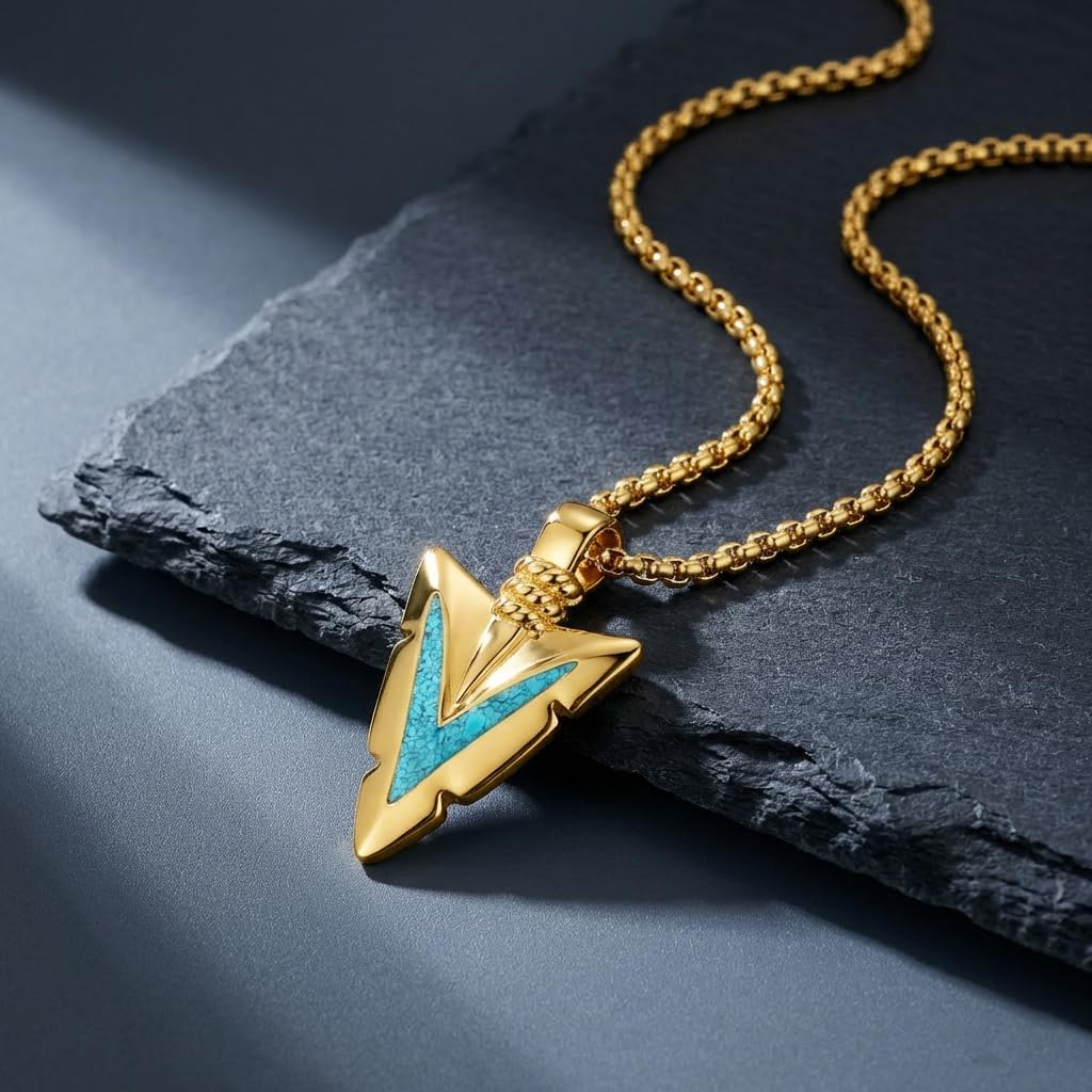 Arrowhead Necklace Crushed Turquoise Inlay Protection Courage Totem Arrow Jewelry Gift for Men Women