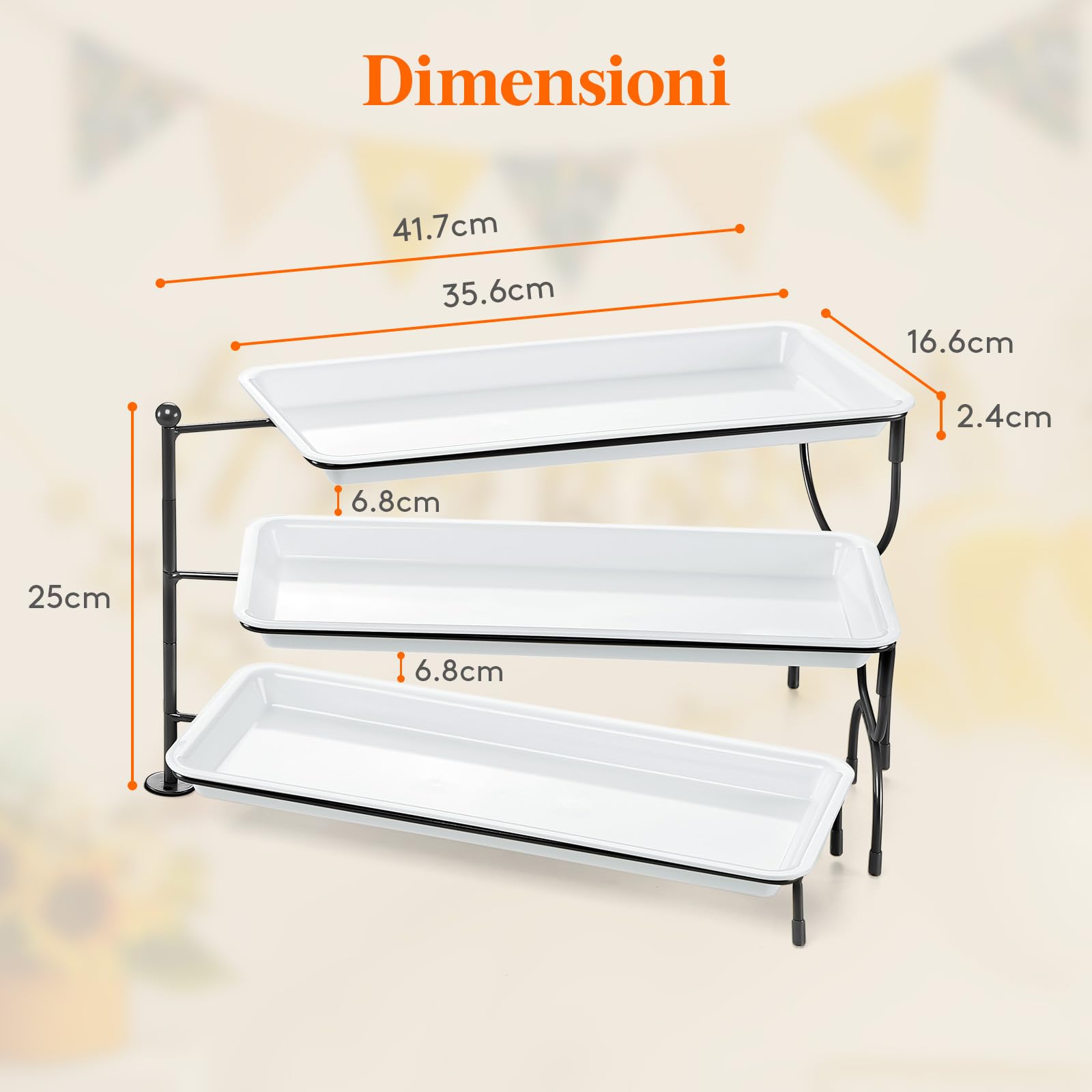 Lifewit Vassoio da Portata 3 Piatti, Vassoio Plastica Rettangolo 36×17cm, Alzate per Buffet Dolci, Portafrutta da Tavolo, Cucina Decorativo, Vassoi e Piatti con Ripiani, Rastrelliera in Metallo Nero
