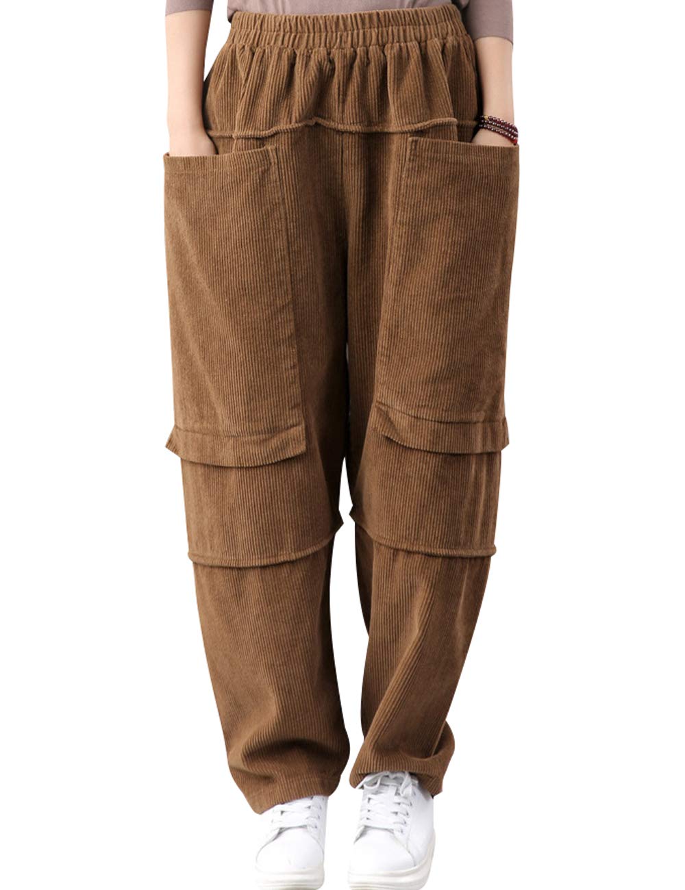 Bigassets Women's Elasticated Big Pockets Cotton Corduroy Trousers Light Coffee