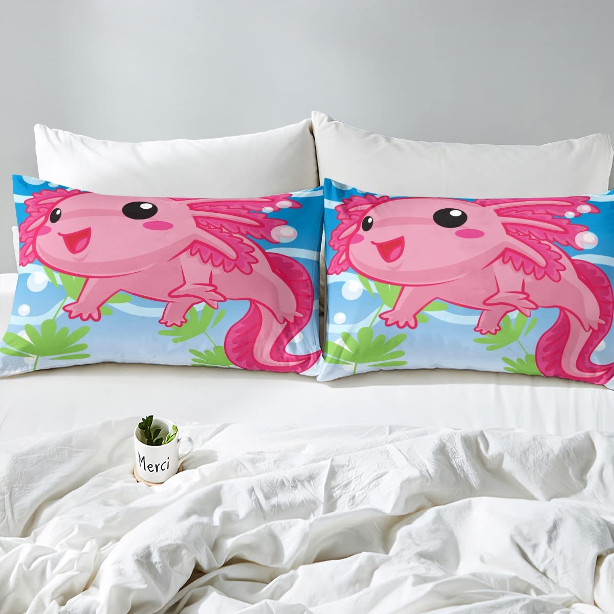 Kawaii Axolotl Comforter Cover Cartoon Pink Axolotl Bedding Set 3D Animals Duvet Cover for Children Kids Boys Girls Microfiber Salamander Bedspread Cover King Size - Image 4