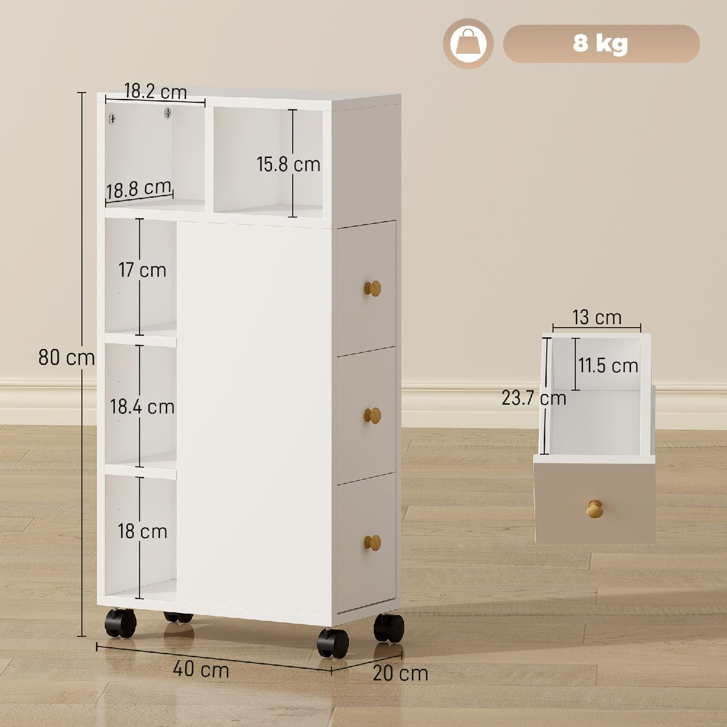 Mobile Bango Salvaspazio Mobiletto 3 Cassetti e Ripiani Moderno Dimensioni 20x40x80 cm Bianco