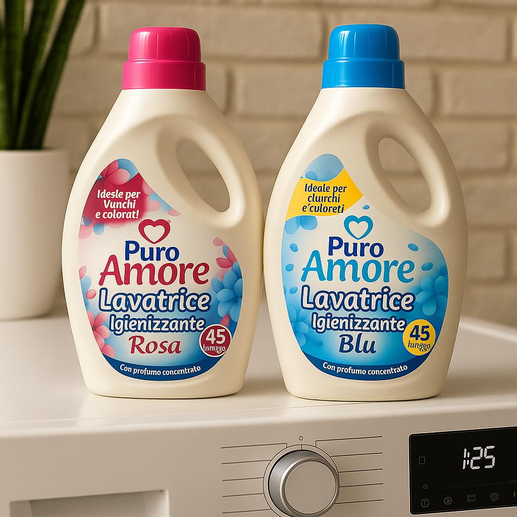 Puro Amore Detergente Liquido Lavatrice, Igienizzante Rosa e Blu, Profumo Concentrato, per Bianchi e Colorati, 2 Fragranze, 45 Lavaggi ciascuna – Confezione da 2, 4 o 6 pezzi (6)