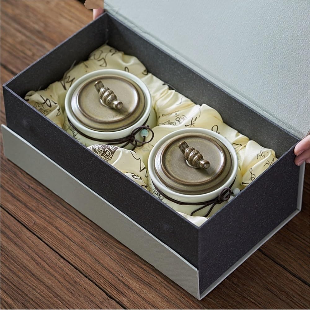 Tarros de Té Recipiente for almacenar té suelto pintado a mano vintage, tarro de cerámica sellado, juego de té chino, caja de regalo con tarro doble Recipientes para Guardar Té con Tapas
