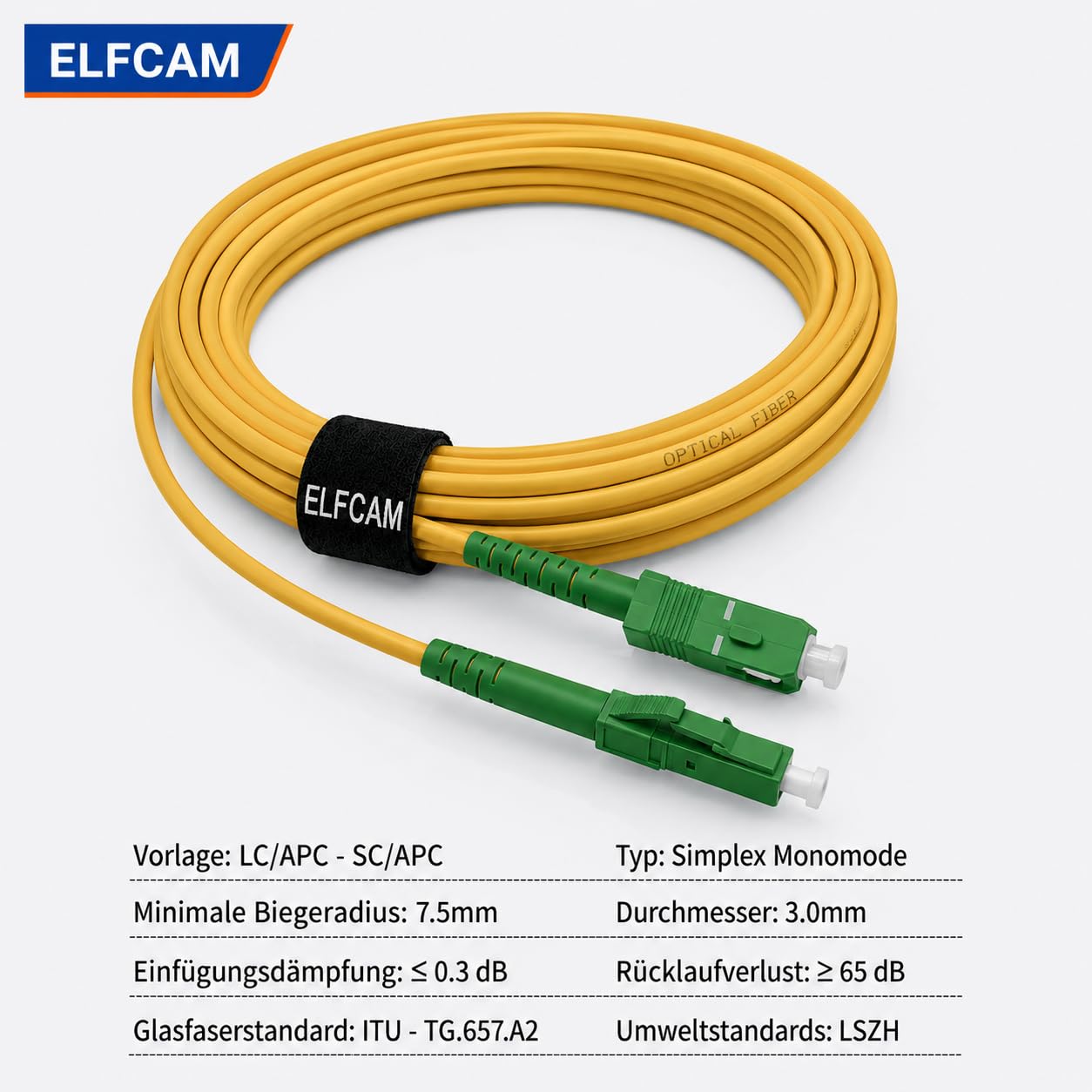 Elfcam® - Cavo Fibra Ottica SC/APC per LC/APC Simplex Monomodale LSZH (1M)