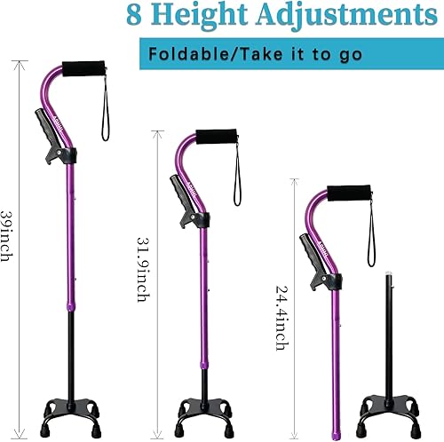 Miniatura 5 de Bastón plegable y ajustable para hombres y mujeres y personas mayores, ligero y resistente con base de 4 puntas para un equilibrio de estabilidad