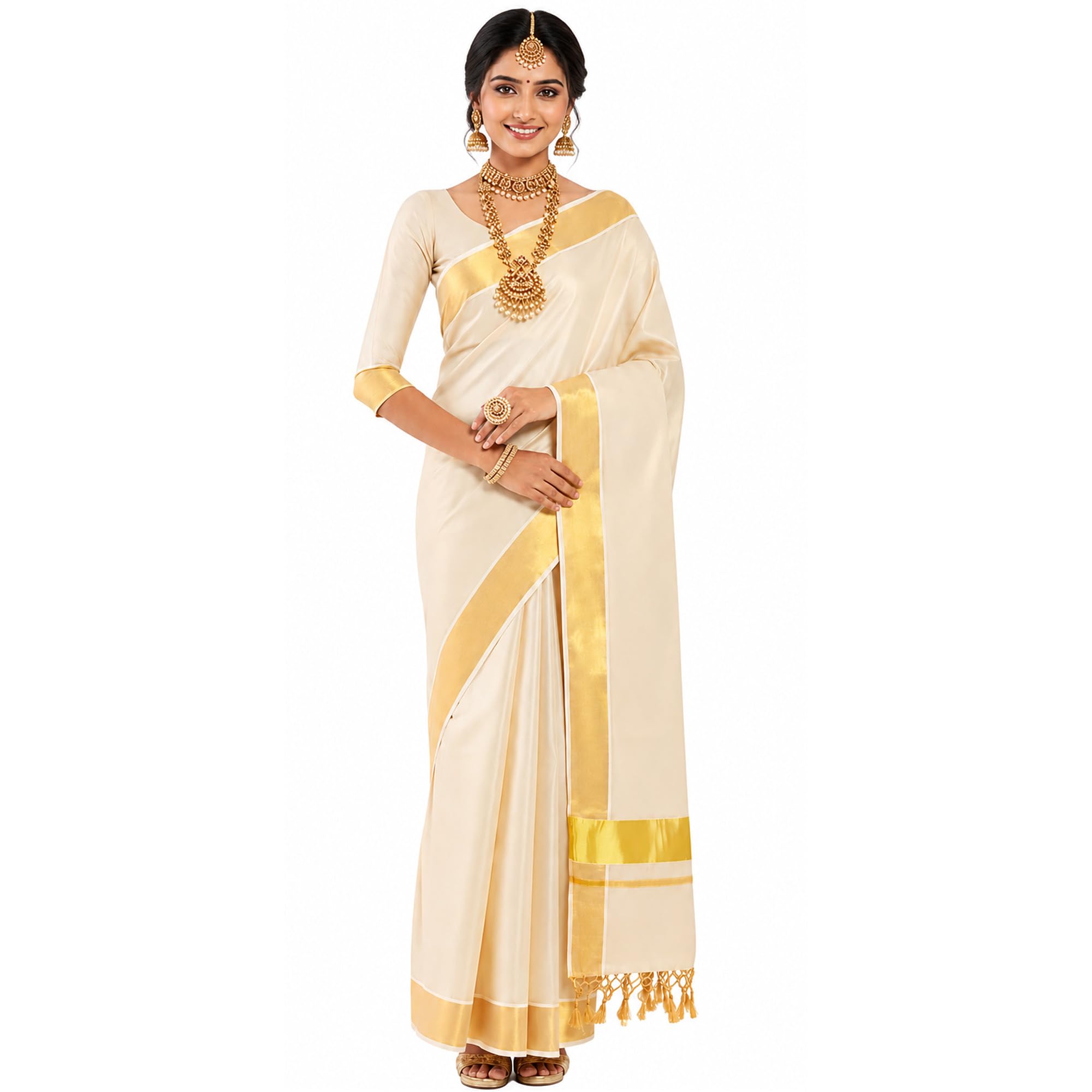 Kerala Tissue Plain Saree with Running Blouse for Women | Traditional Kasavu White Saree | 6.25 Meter Soft & Flowy Golden Tissue Saree | Onam, Vishu | Ethnic Saree-image-9