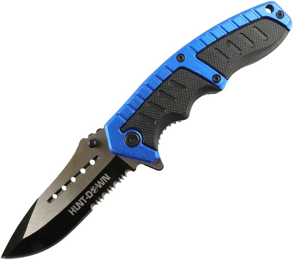 HUNT-DOWN 8.5" Blue & Black Folding Spring Assisted Knife Stainless 3CR13 Steel