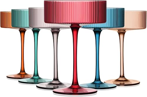 Chouggo Juego de 6 vasos de cupé de colores vintage Art Deco con caja de regalo, cristal acanalado hecho a mano Martini y vasos de cóctel, perfectos