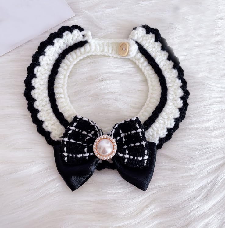 Wag&Wink 猫 首輪 犬 ぬいぐるみ用 人形アクセサリー 可愛い 調節可能 ペット 蝶結び よだれかけ 千鳥格 レース パール 黒格子 綿 日常 高級 プレゼント (黒, L)