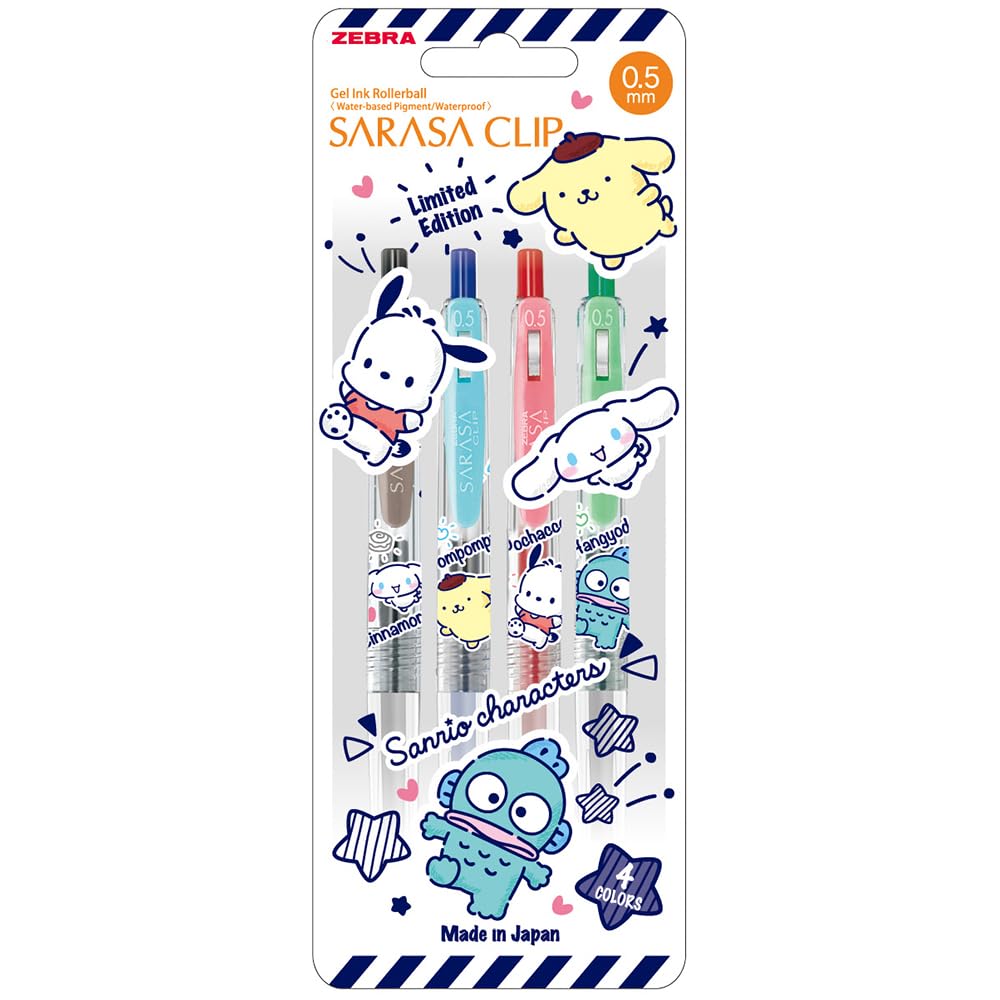 Zebra Sanrio JJ15-SBG-4C Sarasa Clip Gel Ballpoint Pen, 0.02 inches (0.5 mm), Pretend Balance, Set of 4 Colors : Office Products