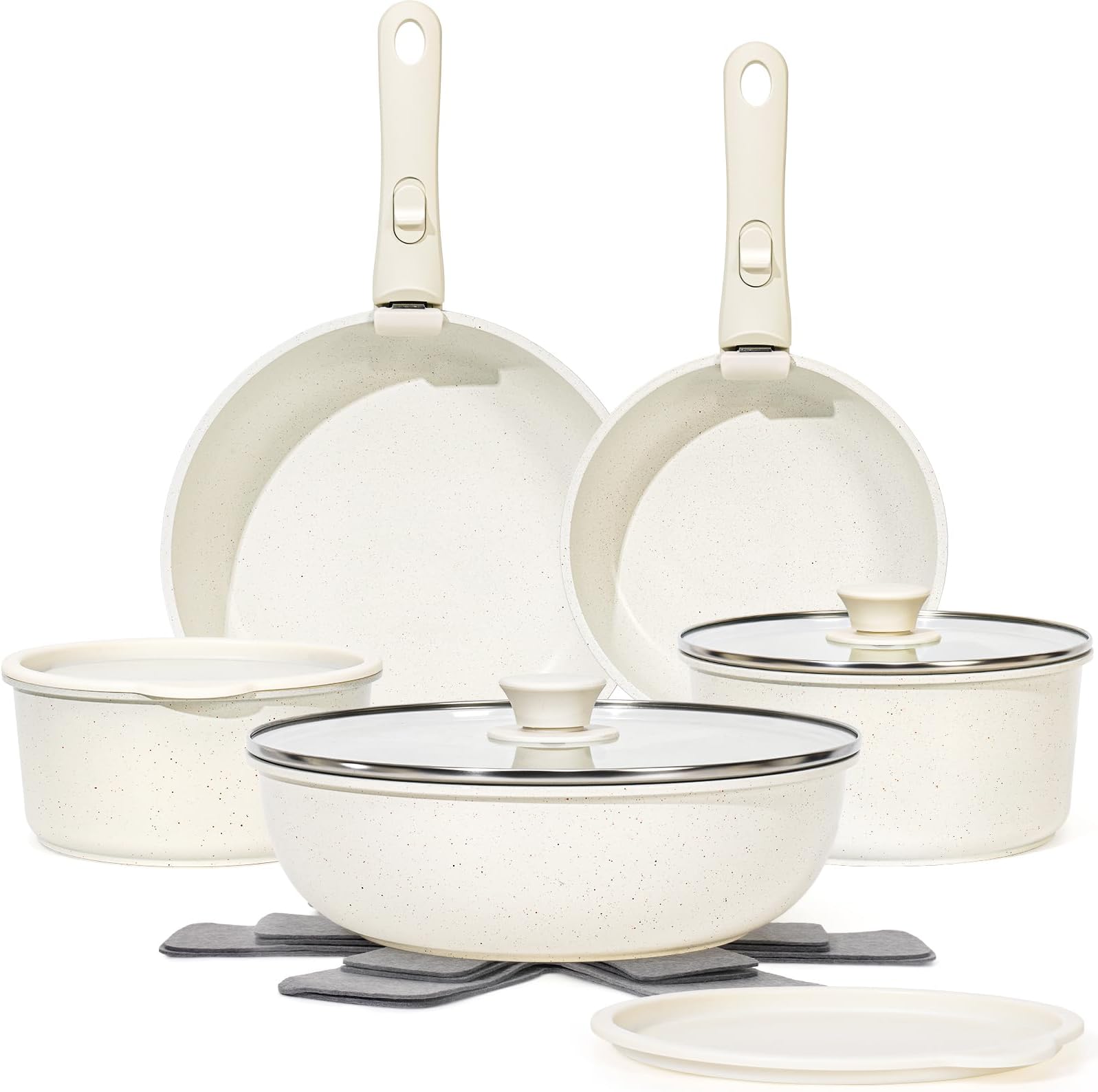 SODAY 15Pcs Pots and Pans Set Non Stick, Cookware Sets with Detachable Handle, Nonstick RV Kitchen Cooking Tools Removable Handles, Oven Safe, Induction Fast, Stackable Induction Cookware, White