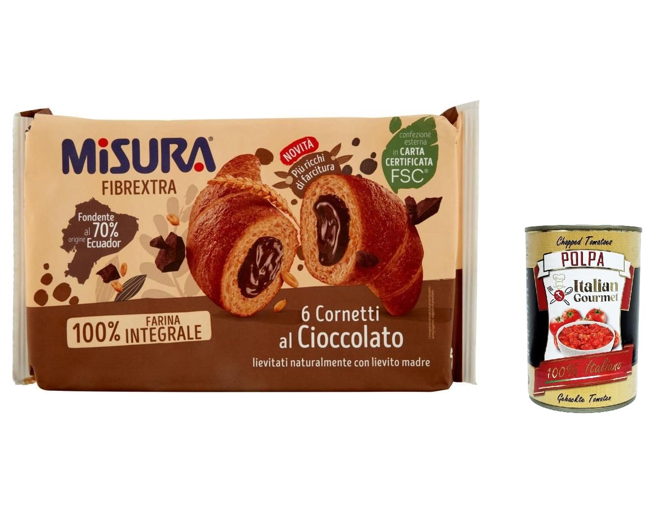 12 croissants de chocolate Misura Cornetti Fibrextra Cioccolato, 100% harina integral de 300 g + Polpa italiana Gourmet 400 g