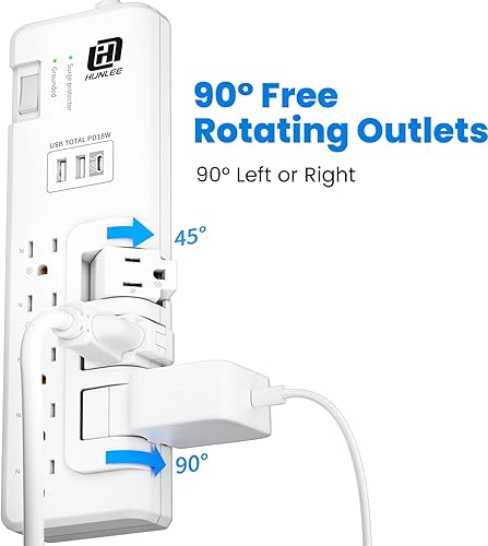 Miniatura 2 de Protector de sobretensiones USB con tomas giratorias, 3 tomas de corriente y 5 tomas estándar, protección contra sobretensiones 2300J, 3 puertos USB