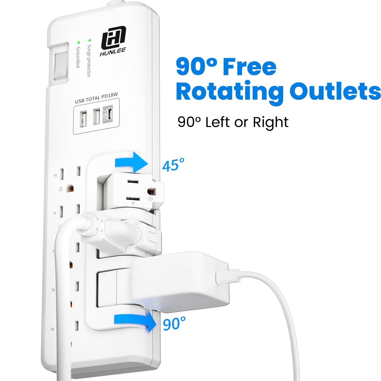 USB Power Strip Surge Protector - with Rotating Outlets, 3 Roating & 5 Standard Outlets, 2300J Surge Protection, 3 USB Ports (1 USB C), Flat Plug, 14AWG 6FT Extension Cord, PD 18W Fast Charging