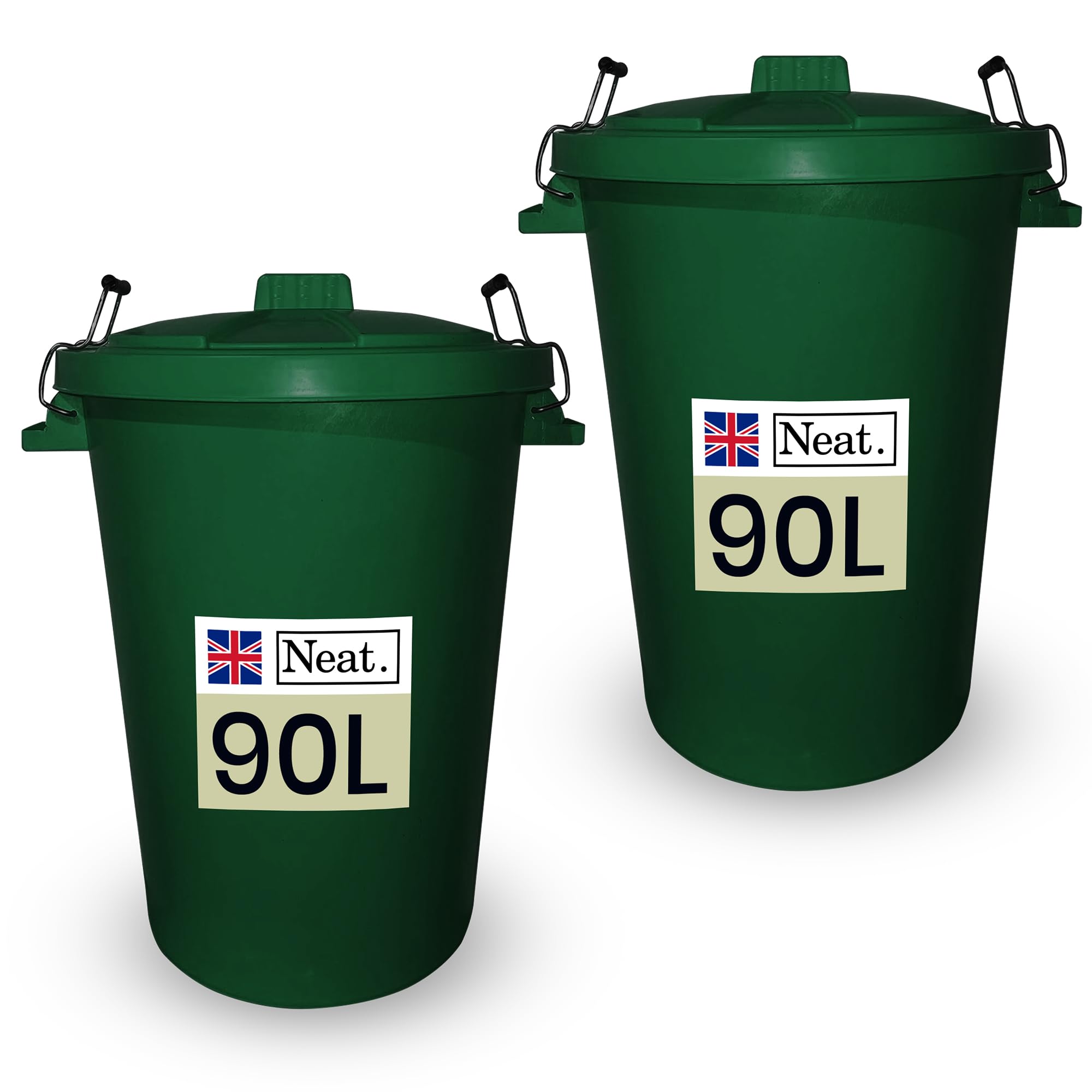 Neat. 90L Large Heavy Duty Plastic Bin With Metal Handle and Lid for Kitchen, Garden Storage, Indoor Outdoor Waste, Animal Feed - Dark Green 2-Pack