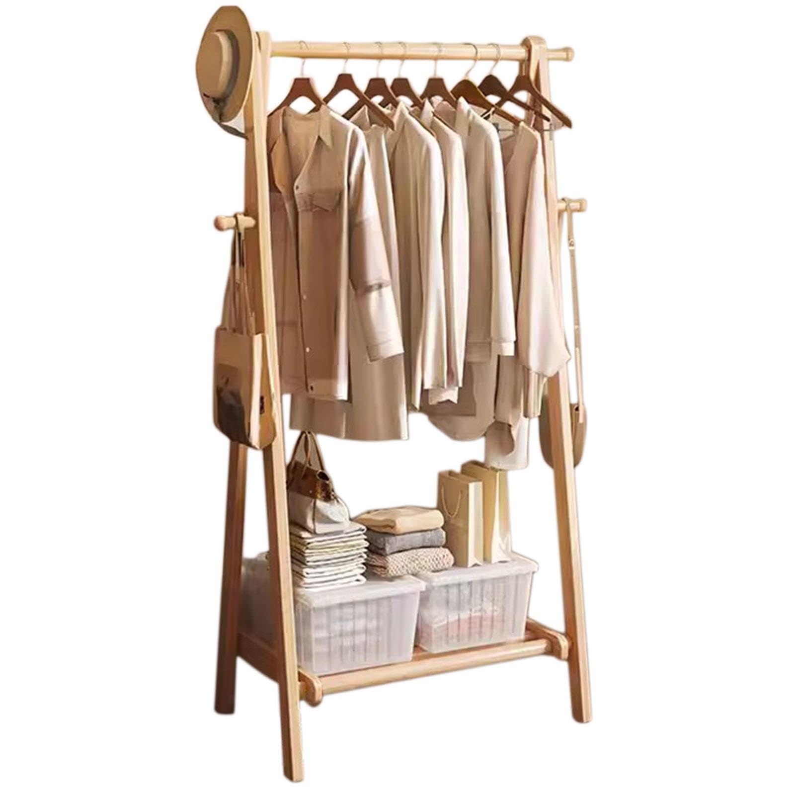 Clothes Rail Rack with Storage Shelves and 6 Hooks Wood Garment Rack Free Standing Coat Rack for Hanging