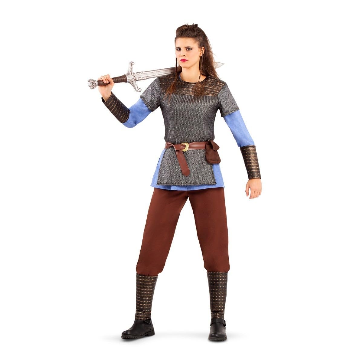 My Other Me - Disfraz Vikinga mujer adulto en azul y marrón | Incluye armadura azul, cinturón con hebilla, pantalón marrón, brazaletes negros y cubrepiernas