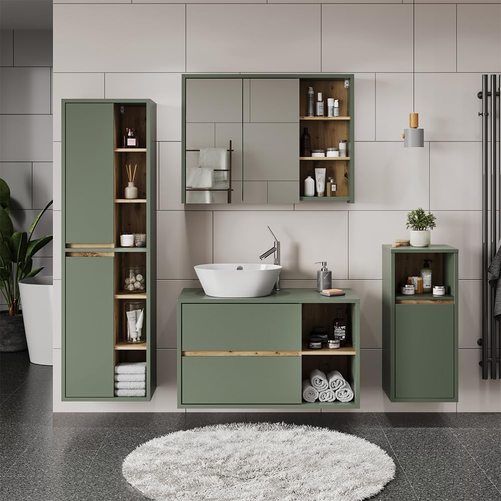 Vicco Conjunto de Muebles de Cuarto de baño Viola, Verde/Artesano, 100 cm | compuesto por mueble bajo lavabo, espejo con armario y columna de baño