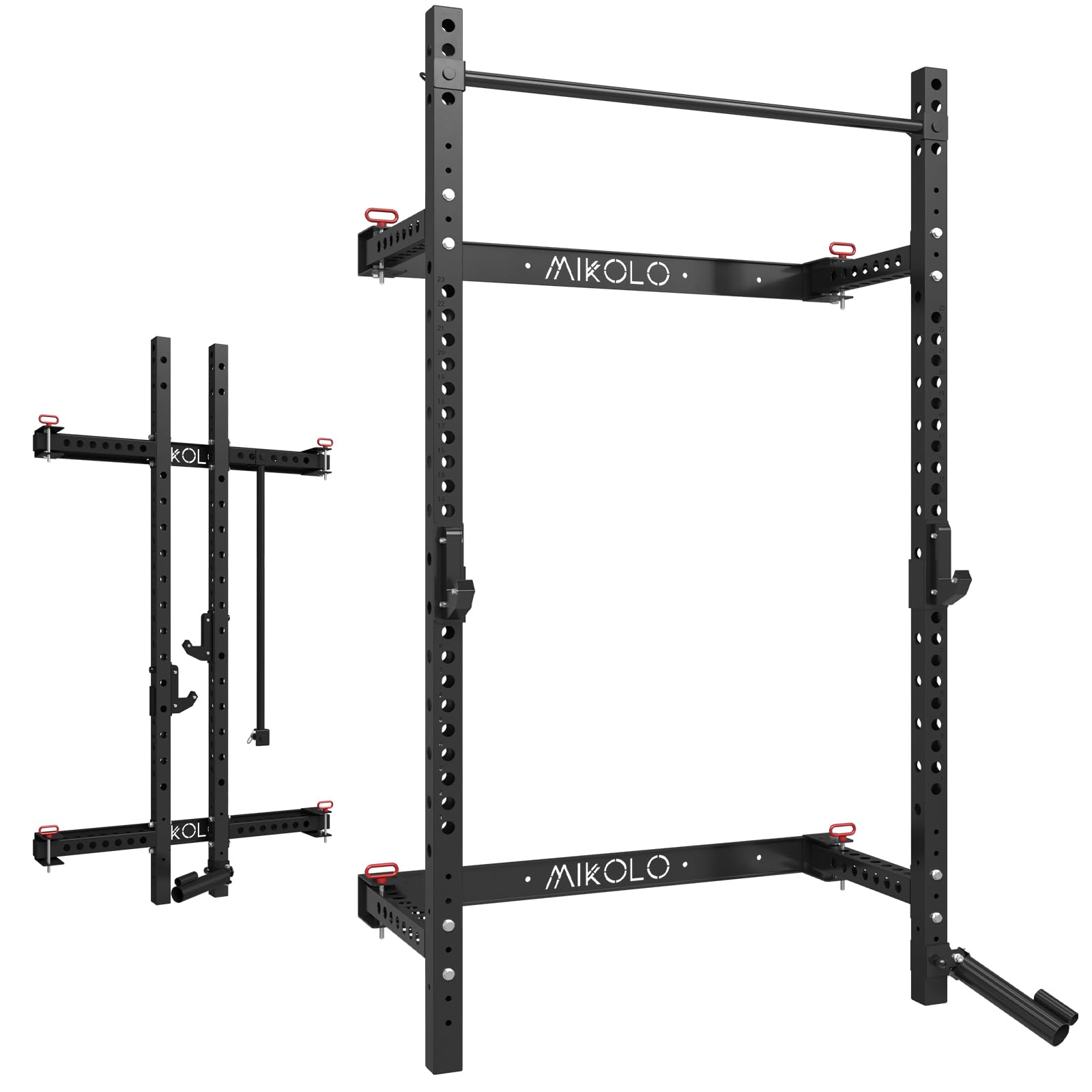 Mikolo 2" x 2" Folding Wall Mounted Squat Rack, 1000 Pounds Capacity Power Rack with Pull Up Bar, J Hooks and Other Attachments, Space-Saving Home Gym