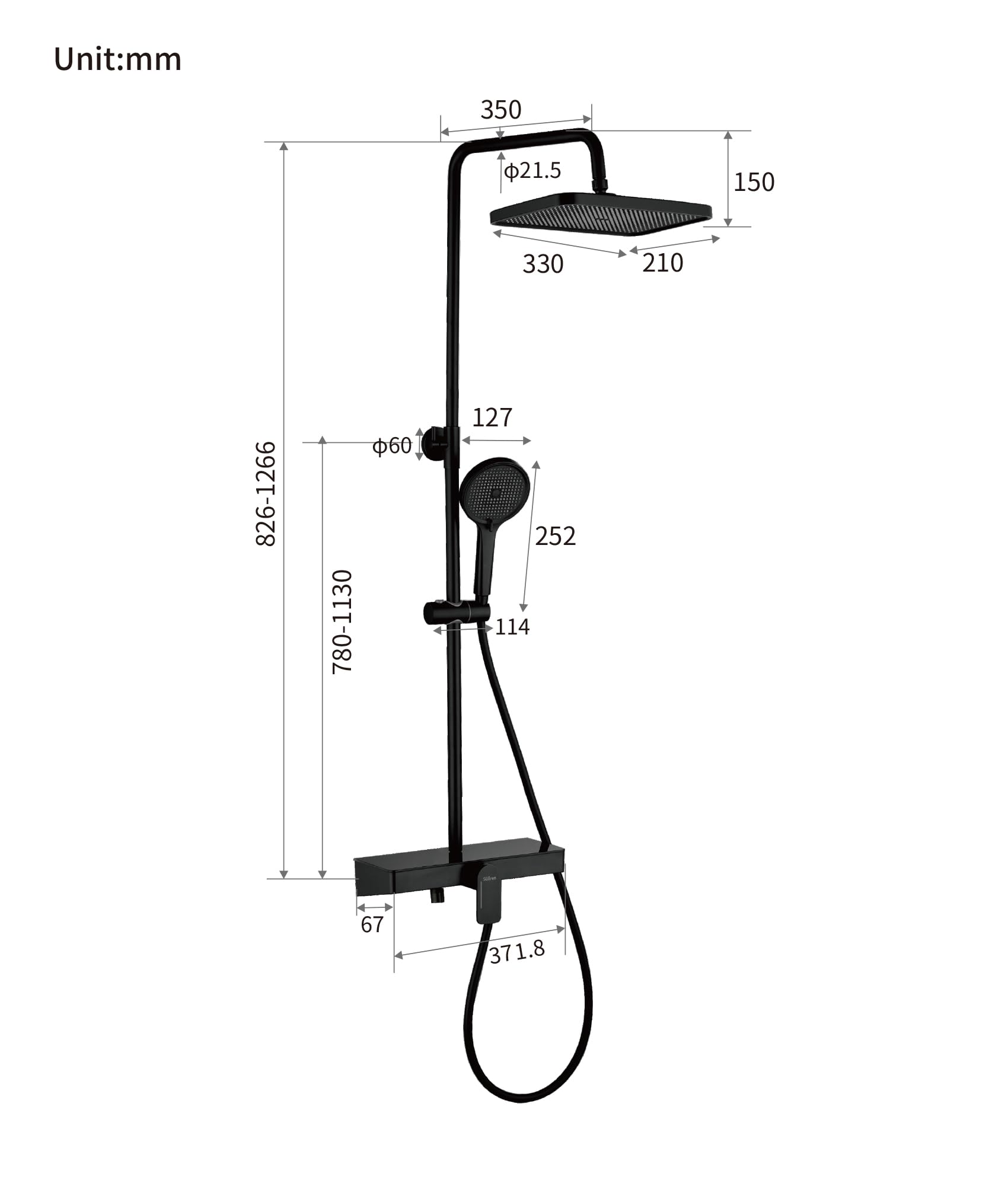 Duschsystem Schwarz ohne Thermostat,HöHenverstellbar Duscharmatur Komplettset 360° Drehung Regendusche Mit Armatur,Handbrause Mit Drei SprüHmodi,35×14cm Glasablage,33×21cm GroßEr Regendusche