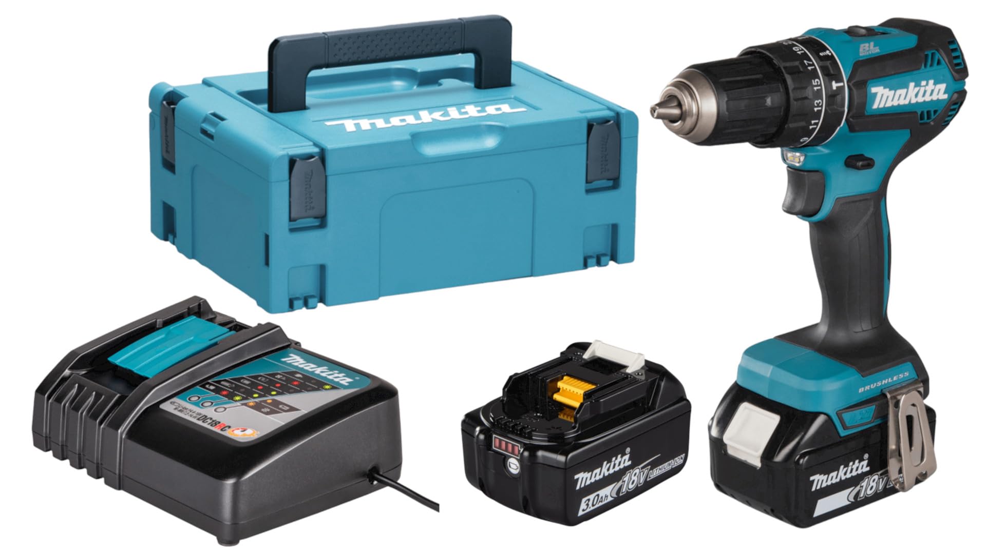 Makita DHP485RFJ-Battery Driver 18V 2x3.0AH, Blue, Size