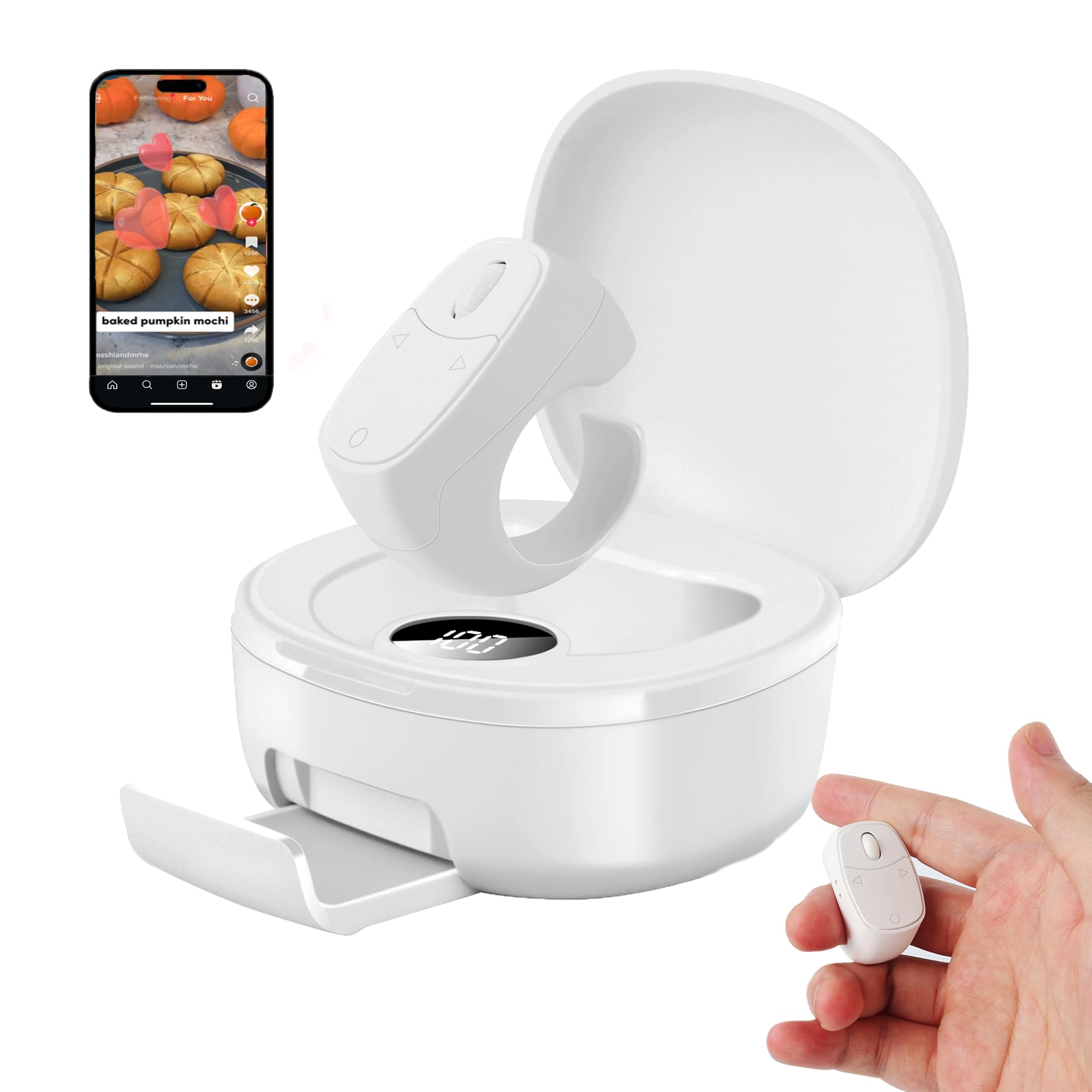 Kabellose Bluetooth-Fernbedienung, TikTok-Scrolling Ring Wiederaufladbarer mit Ladehülle, Remote Kurzvideo, Kamera Auslöser, E-Book PPT Seitenwender, für Smartphone Tablet Zuhause Reisen Büro-Weiß