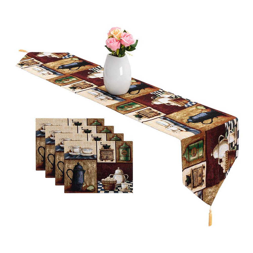 MeMoreCool Coffee Pot Table Runner and Placemats Set - Rustic Style Jacquard Cotton Linen Woven 1PC Table Runner and 4PCs ...