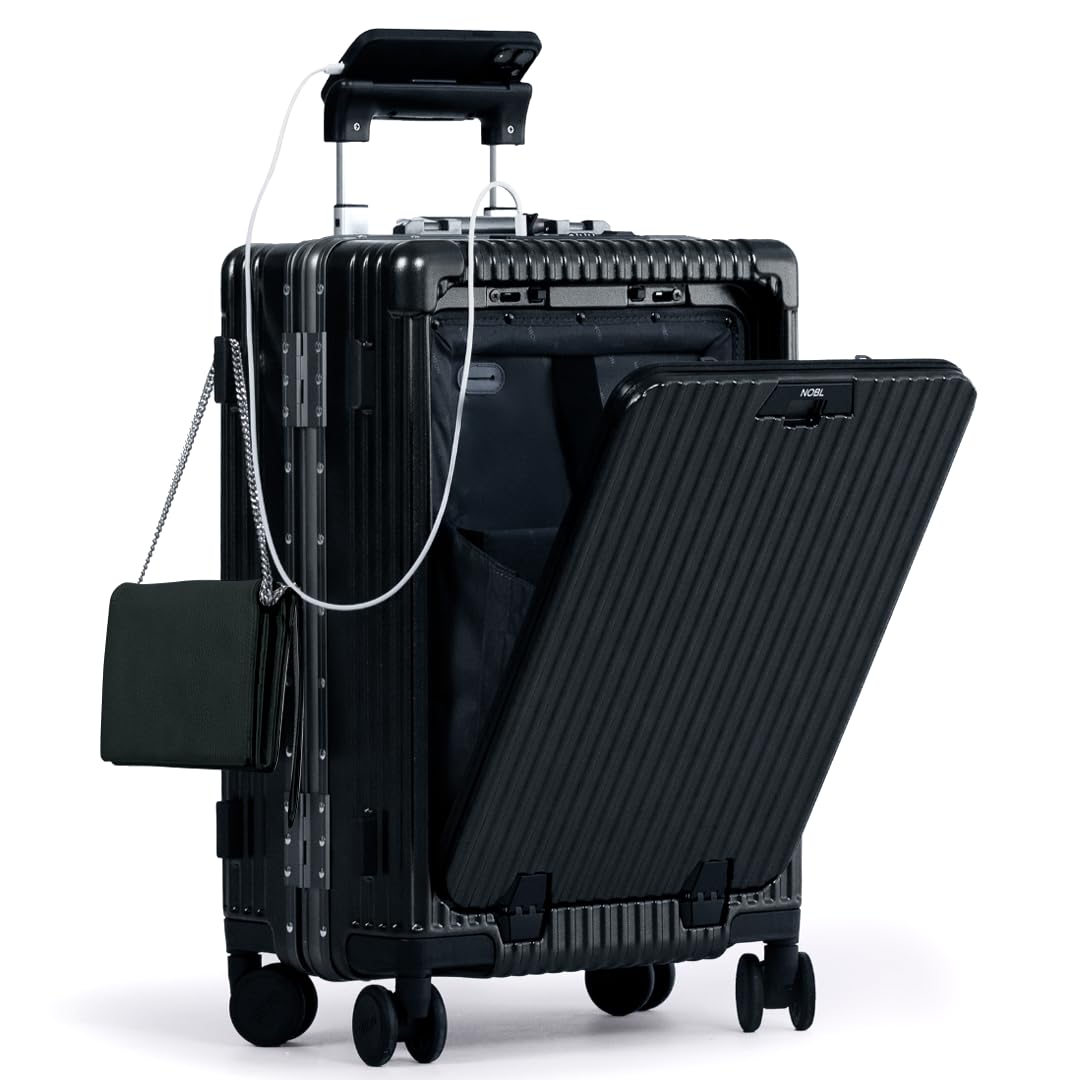 Nobl Travel Carry On Luggage, Noble Zipperless Aluminum Frame PC Hard Shell Suitcase, 23.5x15.5x10 Airline Approved, 360° Spinner Wheels, TSA Locks, USB Charging Port, Cup & Phone Holder - Black