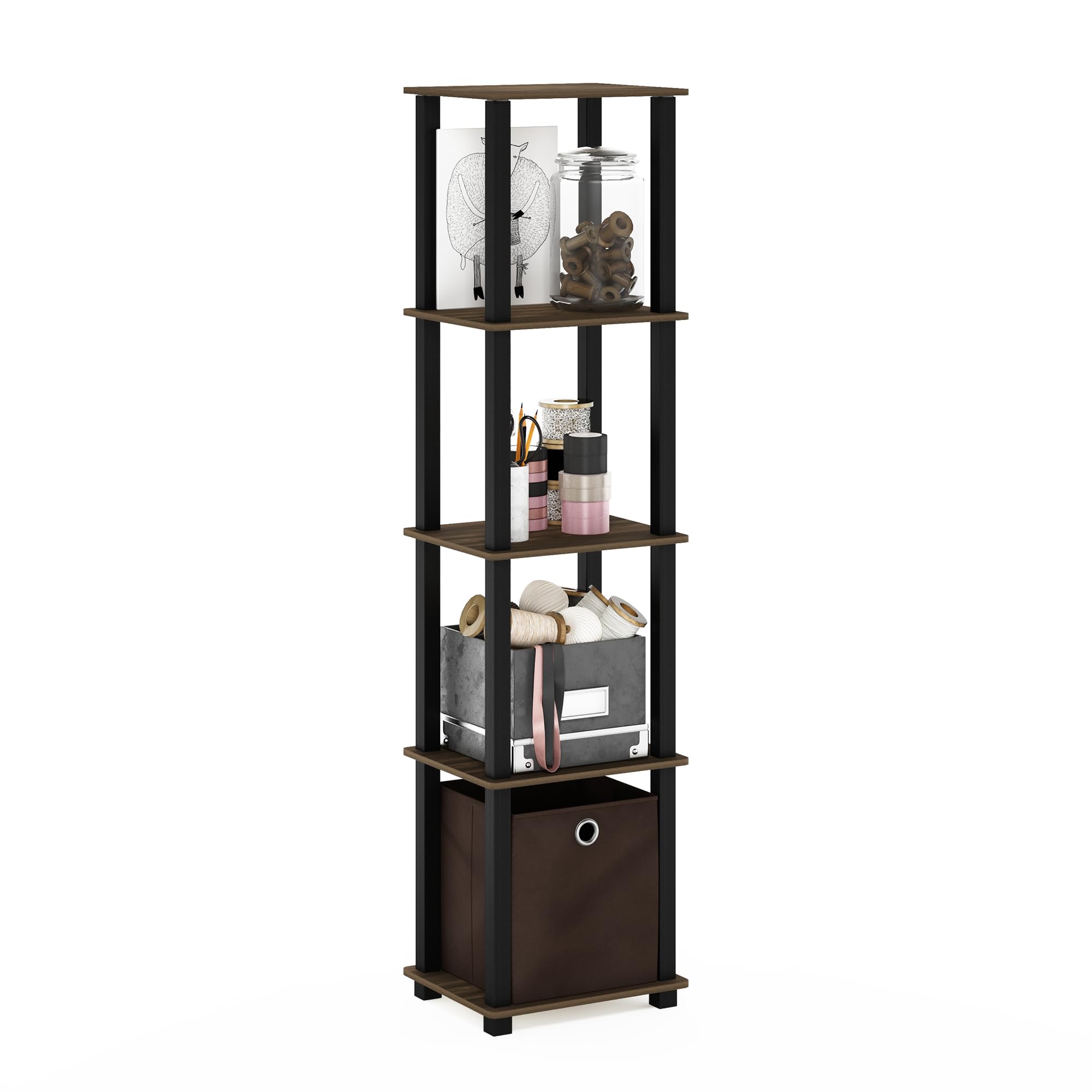 Furinno TURN-N-TUBE Book Shelf with Bin, 5-Tier Display Shelf, Open Storage Shelves, Shelving Unit, for Organization and Storage, Living Room, Garage, Home Office, Columbia Walnut