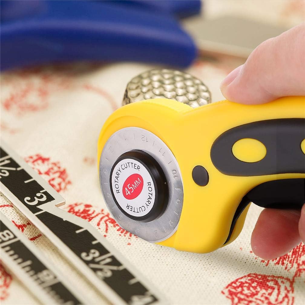 Rotary Cutter with 5 Pcs 45mm Rotary Spare Blade Refill Set - Alloy Steel Blade, Ergonomic Comfortable Grip, Sewing Cutting Tool, for Cutting Fabric Paper Cloth Leather Mat Craft Supplies (Yellow)