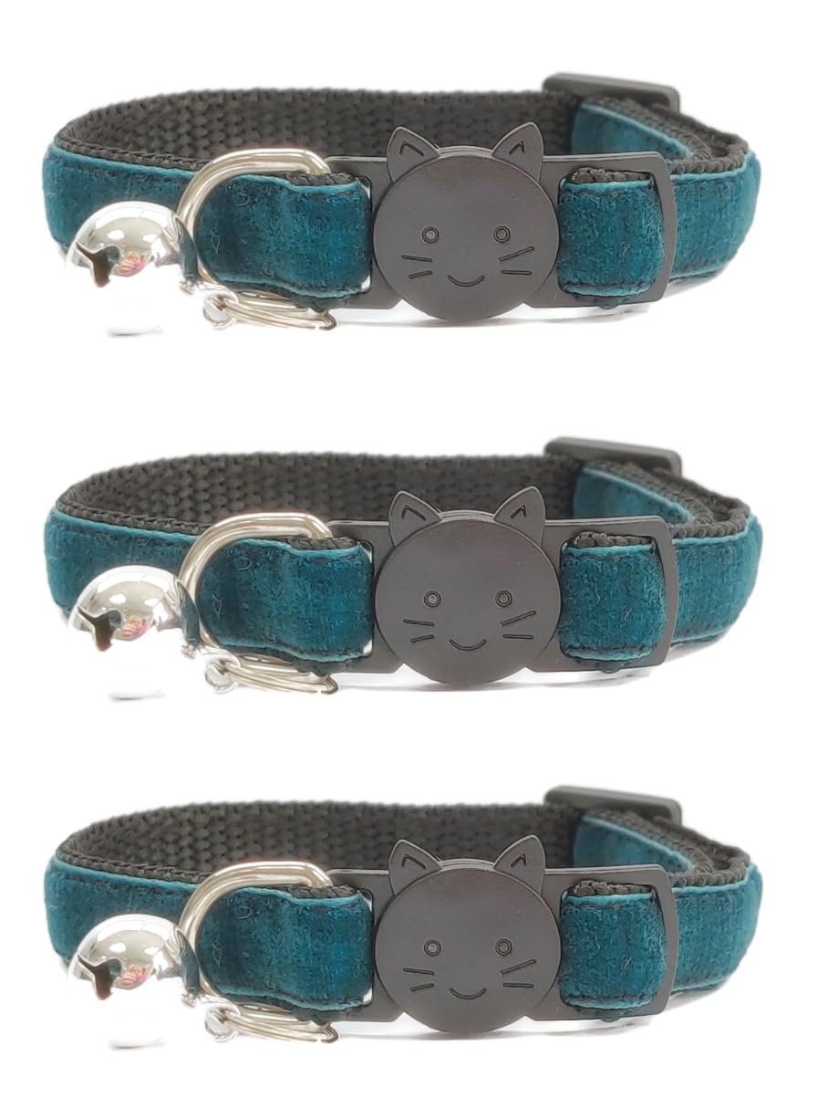 Velvet Cat Collars with Bell. Safe Breakaway Quick Release Buckle. Available in Cat & Kitten Size (Pack of 3) (Kitten Collar (15cm