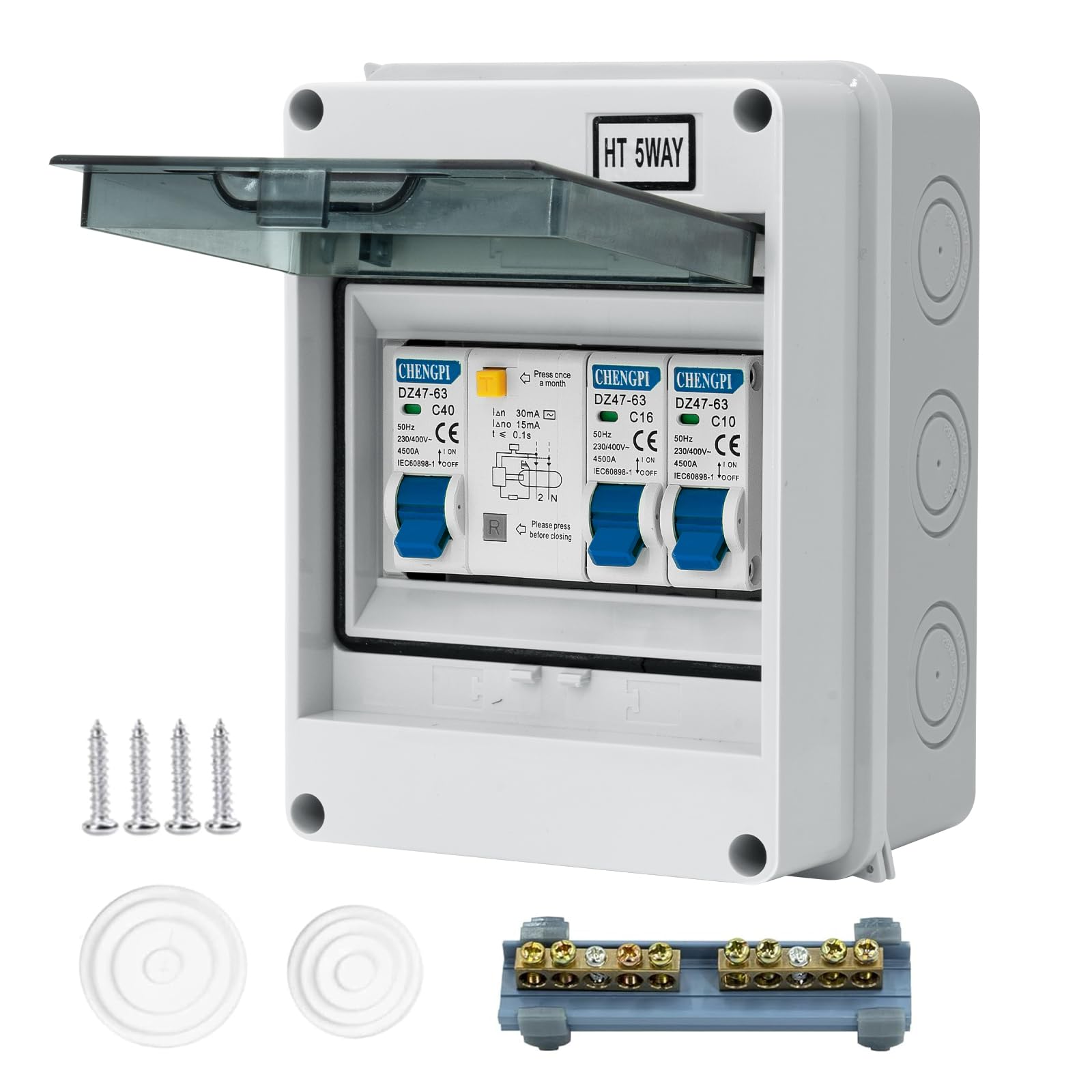 Boîte Coffret Electrique Etanche,Boîtier de Distribution avec Rangée de Cuivre,Disjoncteurs électriques 40A CA,Sectionneur 10A+16A CA pour Maison/Bureau,Montage sur Rail 35mm