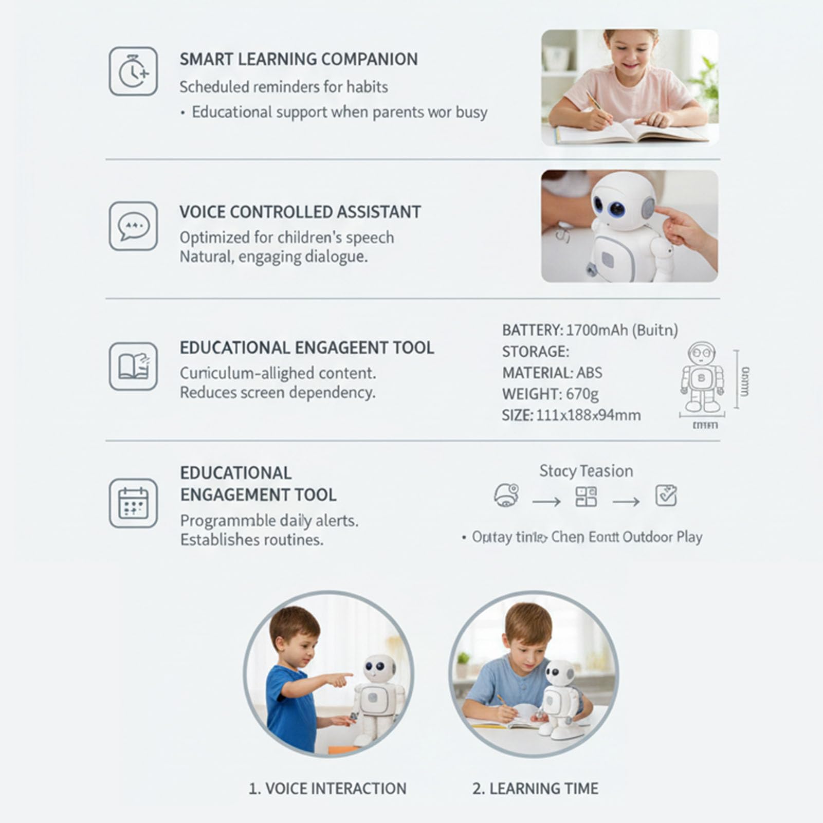 Yinhing Robot per Bambini Controllo Vocale Apprendimento Interattivo Programmazione Giocattolo Robot Educativo STEM con Promemoria Batteria da 1700 MAh Materiale ABS Ideale per Bambini Dai 3 Ai 10