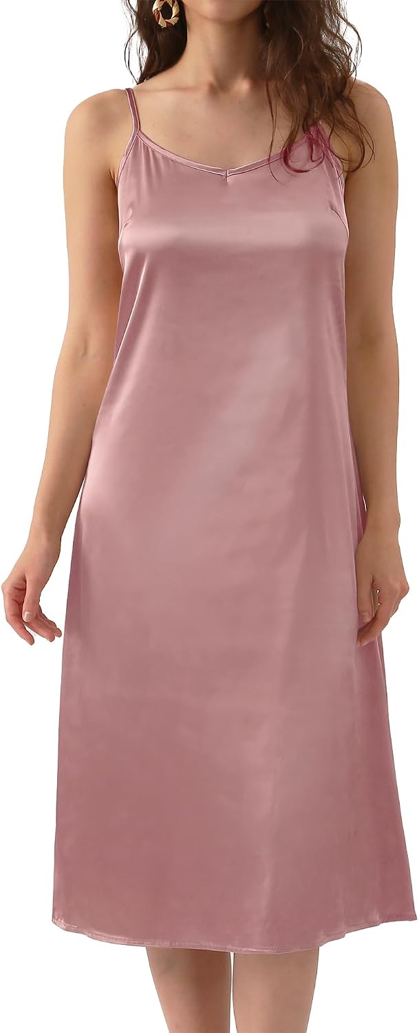 Xintianji Women's Basic Satin Silky Full Slip Midi Loose Dress with V-Neck Sexy Cami Adjustable Strap Wear Nightgown Dresses
