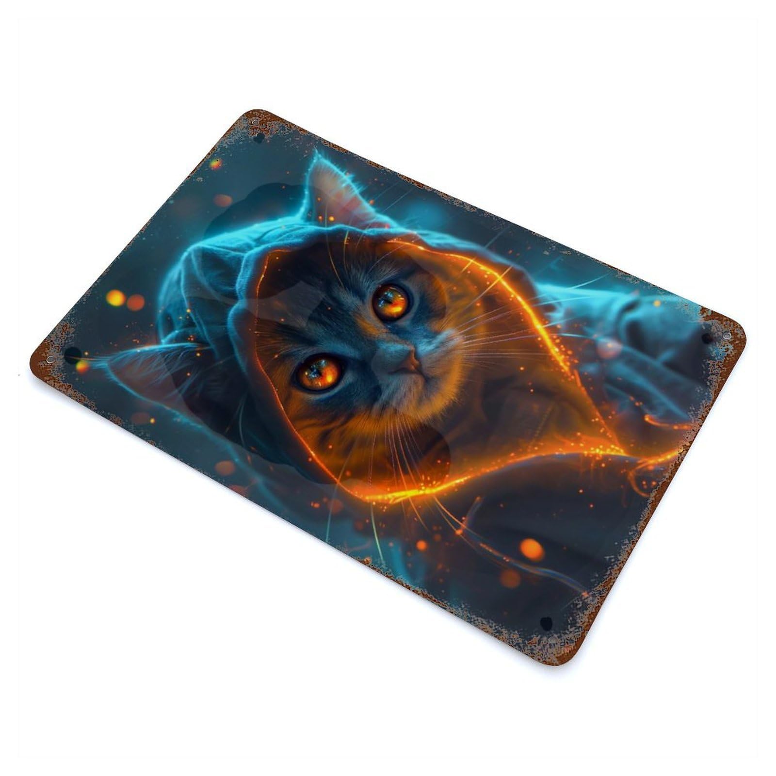 Grey Cat Glowing at Night 11.8"x7.9" Vintage Rust Metal Sign, Shabby Chic Decor for Garage, Bar And Workshop Decor