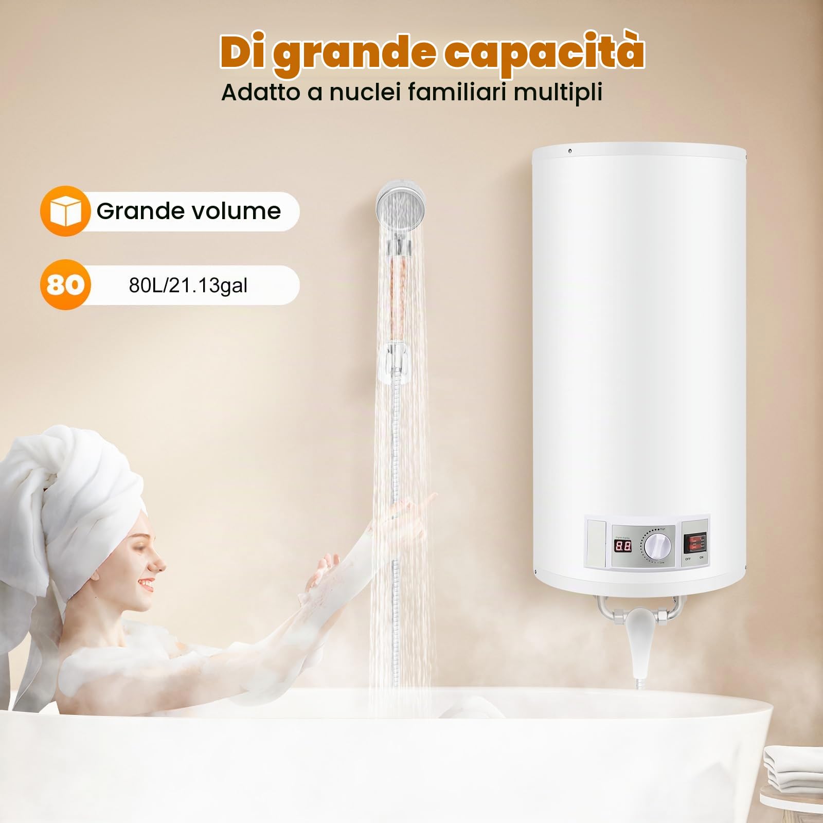 Scaldabagno elettrico da 80 l, 2000 W, scaldabagno elettrico da parete, potenza di riscaldamento, scaldabagno, regolatore di temperatura 25-75 °C, IPX4, per cucine, bagni, appartamenti