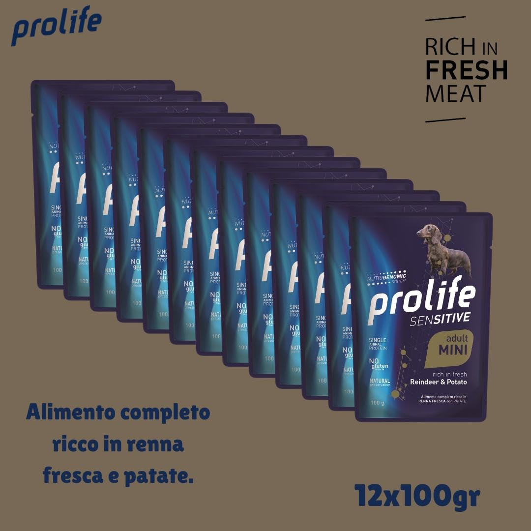 Prolife Umido Cane Sensitive Adult Mini, alimento completo per cani adulti di tutte le taglie, gusto RENNA FRESCA e PATATE 100g | 12 bustine da 100 grammi l'una.