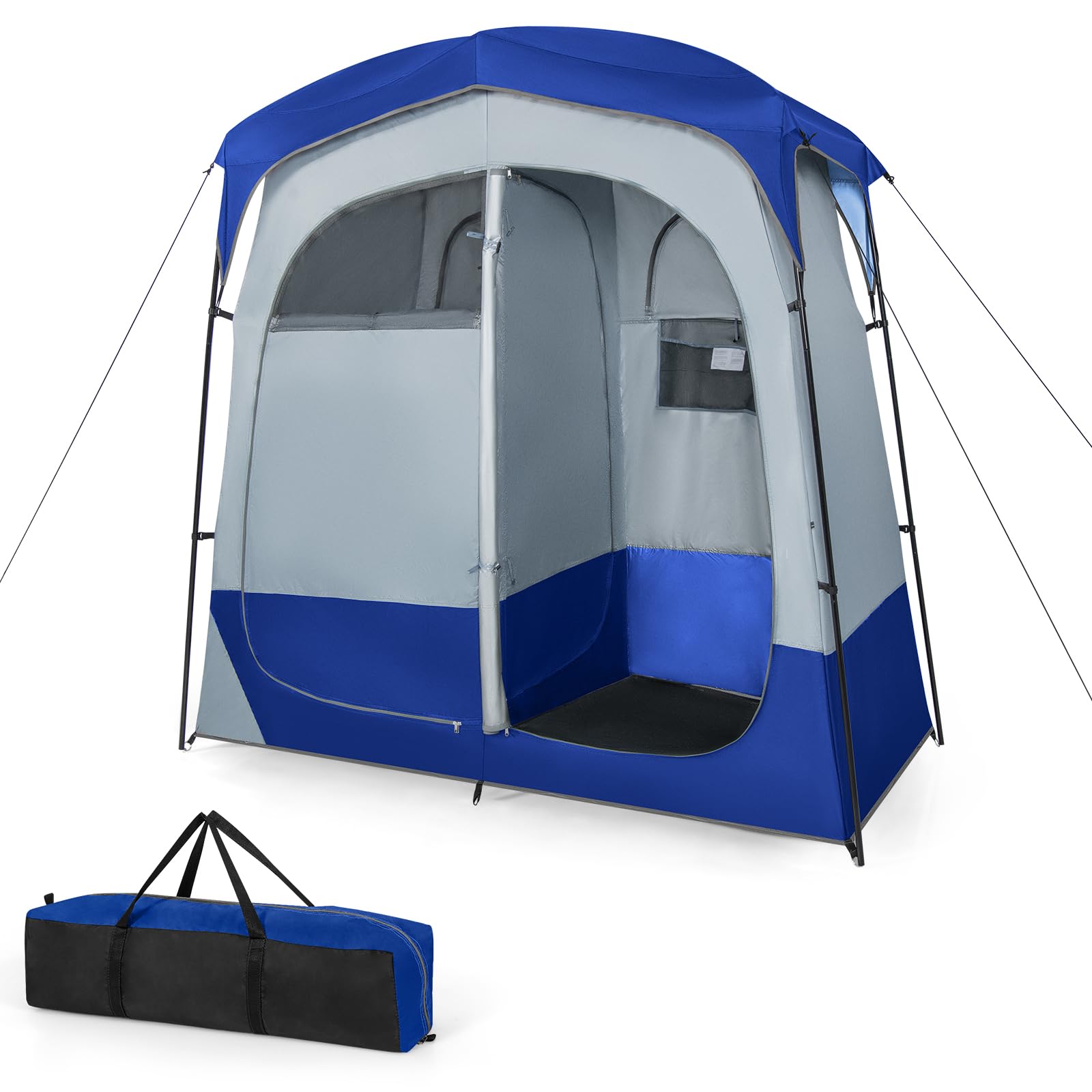 Tangkula Double Room Shower Tent, Oversize Space Privacy Outdoor Changing Tent with Floor, Removable Rain Fly, Inside Pocket, Clothesline, Top Hook for Dressing, Camping, Toilet