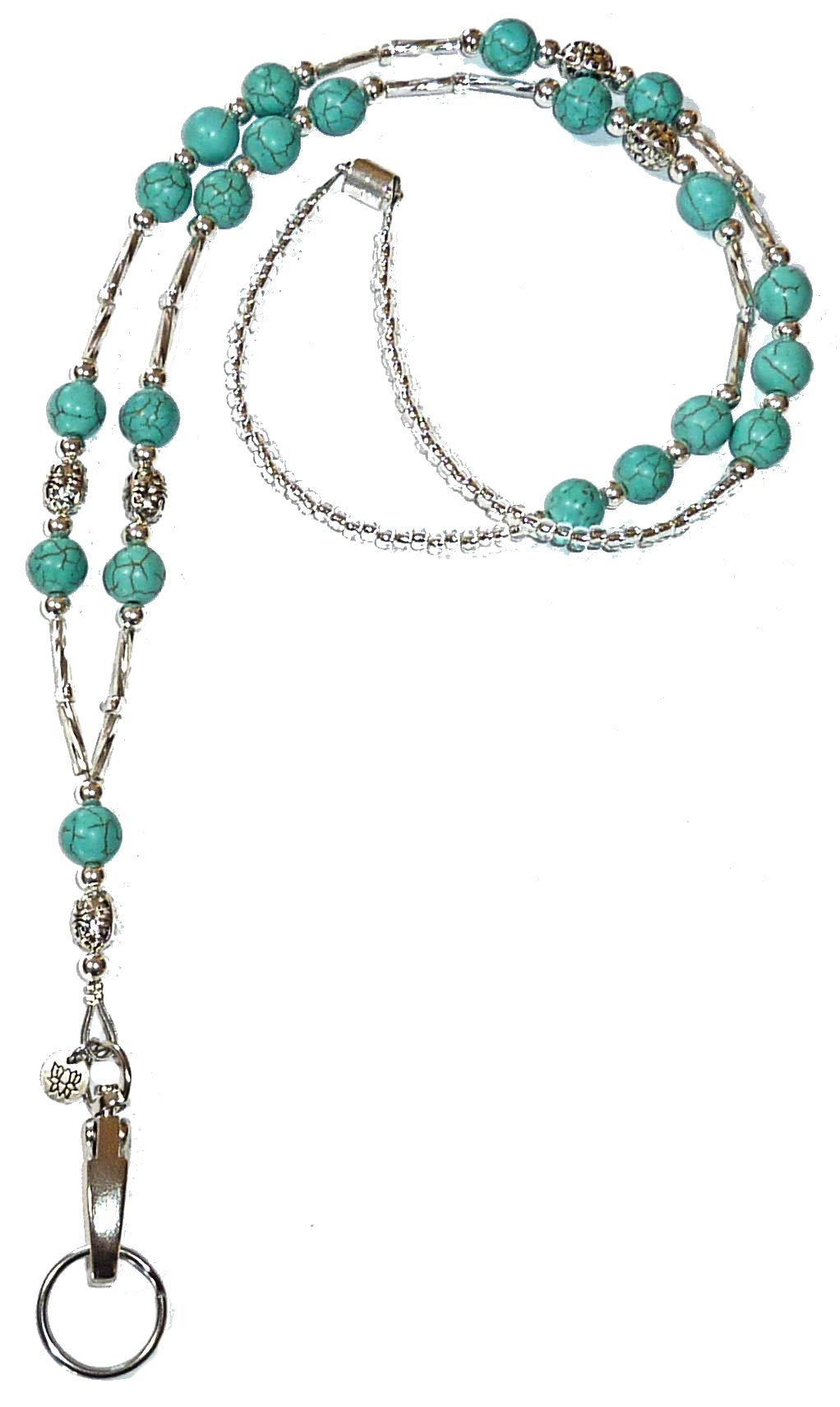 Hidden Hollow Beads Vintage Turquoise Look, Women's Beaded Breakaway Fashion Lanyard, Strong ID Badge Card Holder Teacher Nurse Cruise Keys Keychain