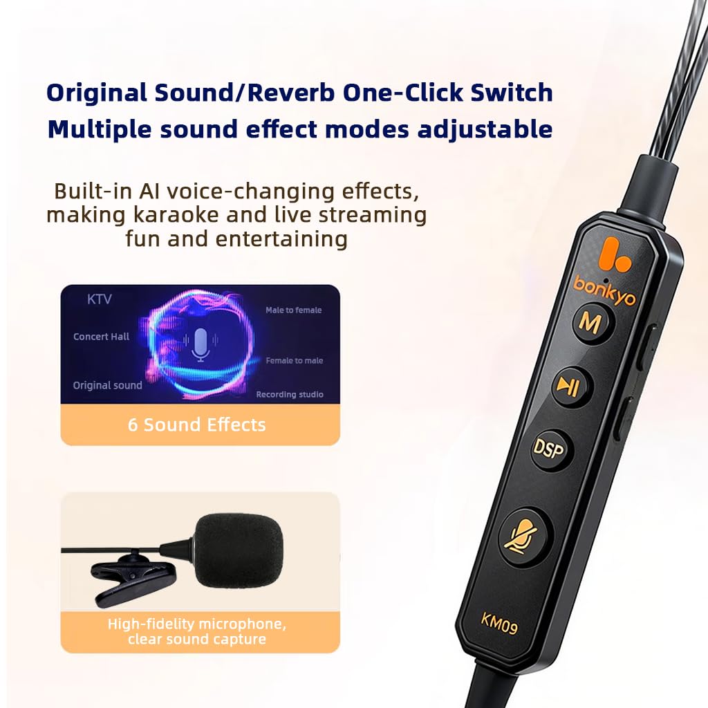 KM09 Tragbares Soundkarte-Karaoke-Headset mit In-Ear-Überwachung, Sprachwechsler, integrierter Soundkarte, tragbares Karaoke-Mikrofon & Kopfhörer, Typ C Bluetooth kabelgebundene Ohrhörer für