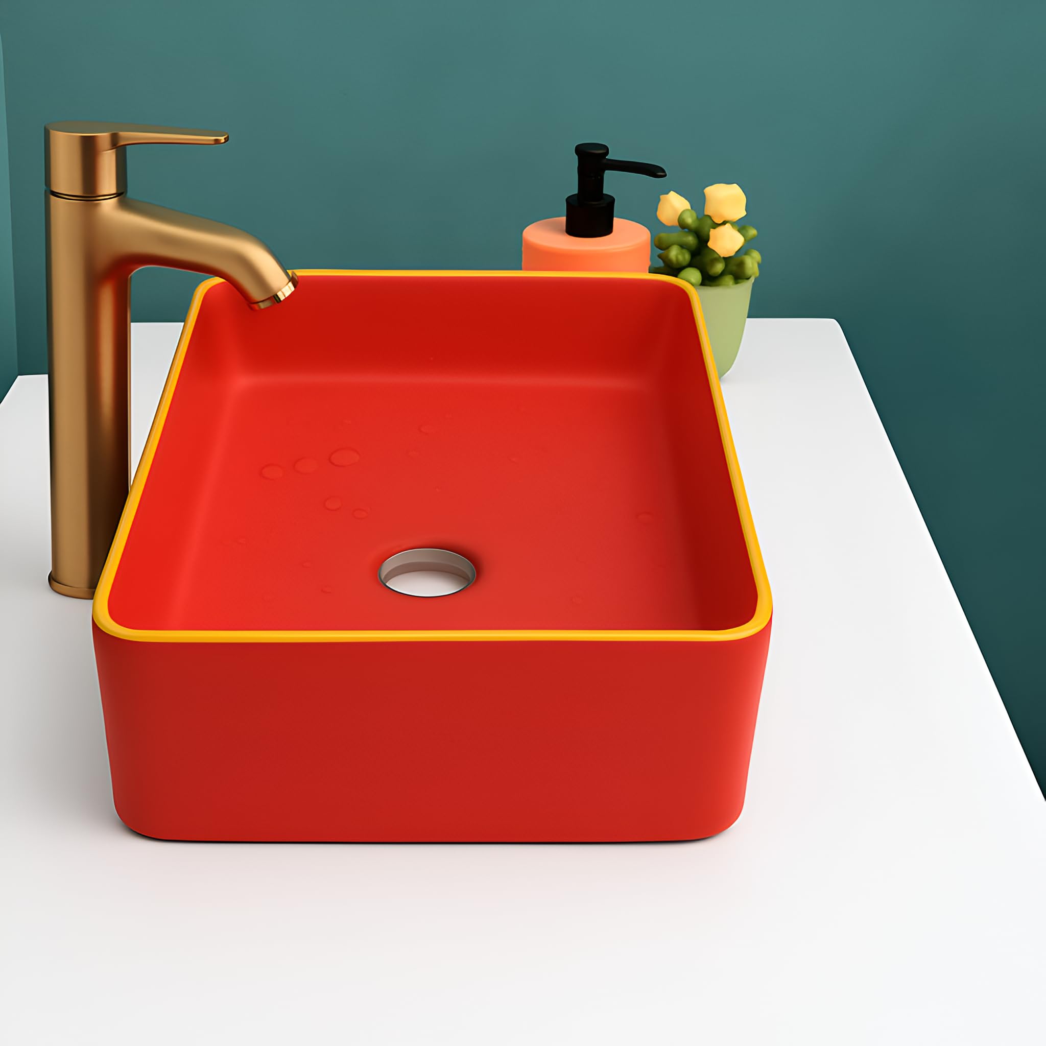 SEA SHORE Wash Basin Countertop | Tabletop Ceramic Bathroom Sink | Over Counter | Wash Basin For Bathroom (24 x 13 x 5.5 Inch, Red Golden Border) 1